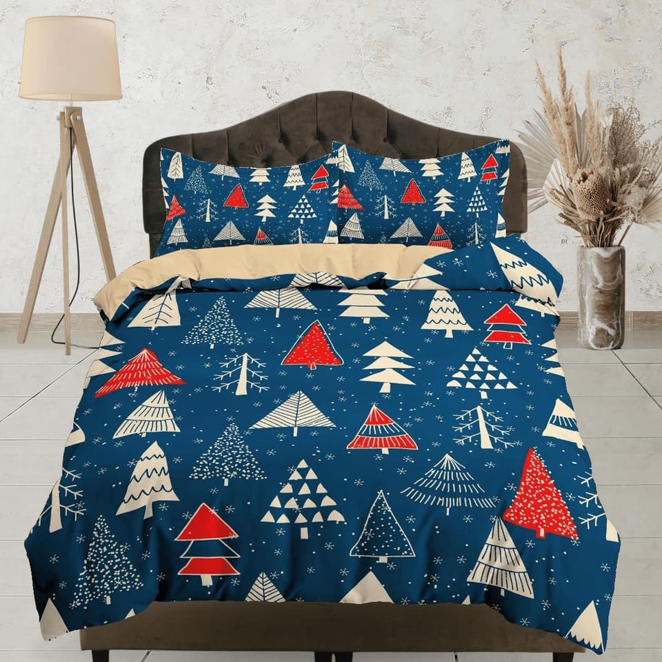 Blue christmas tree pattern duvet cover set, christmas full size bedding & pillowcase, college bedding, crib toddler beddi…