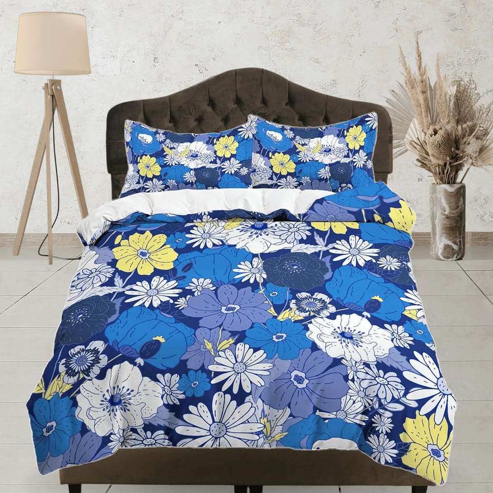 Blue daisies floral bedding, luxury duvet cover queen, king, boho duvet, designer bedding, aesthetic bedding, maximalist f…