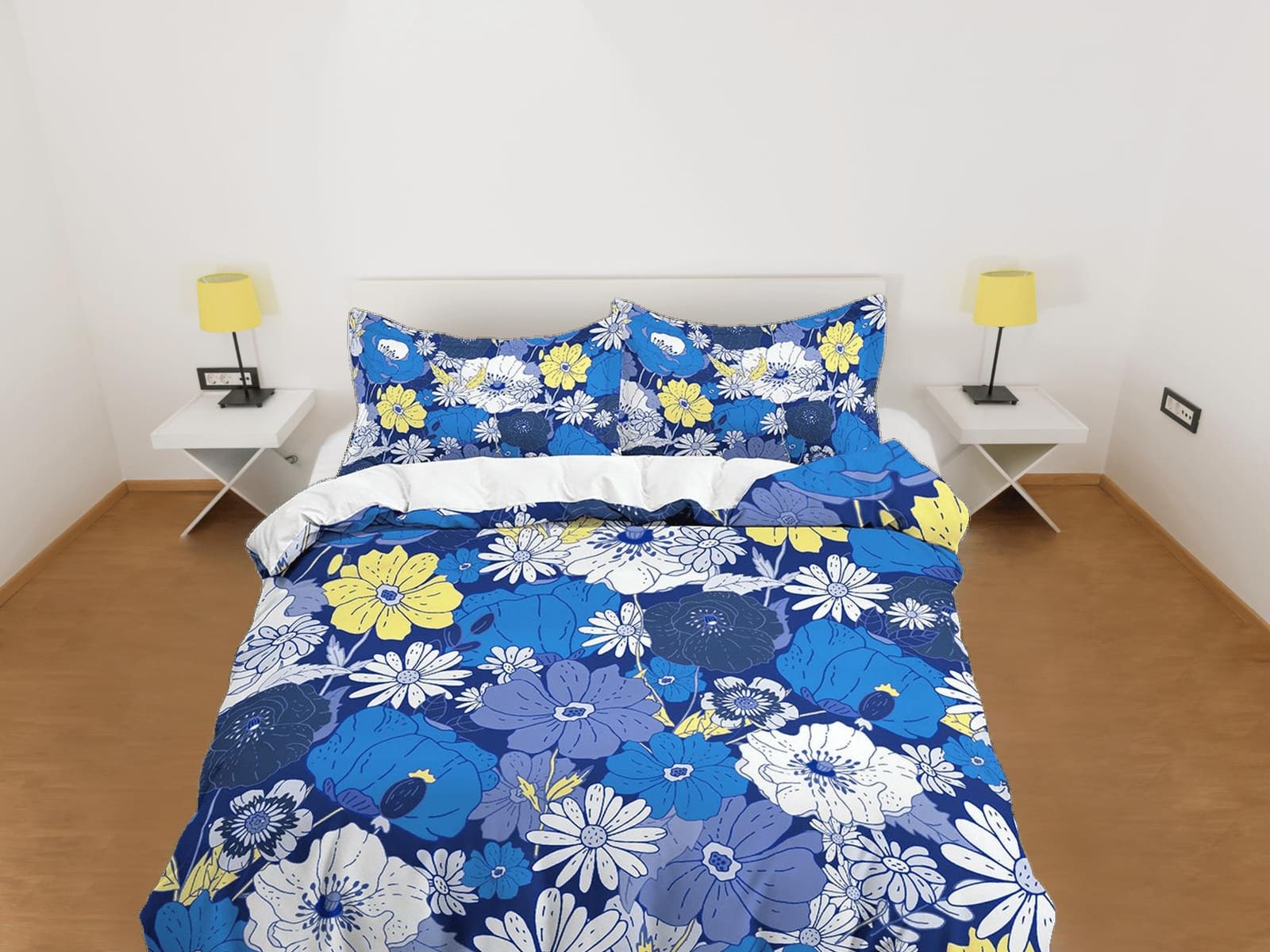 Blue daisies floral bedding, luxury duvet cover queen, king, boho duvet, designer bedding, aesthetic bedding, maximalist f…