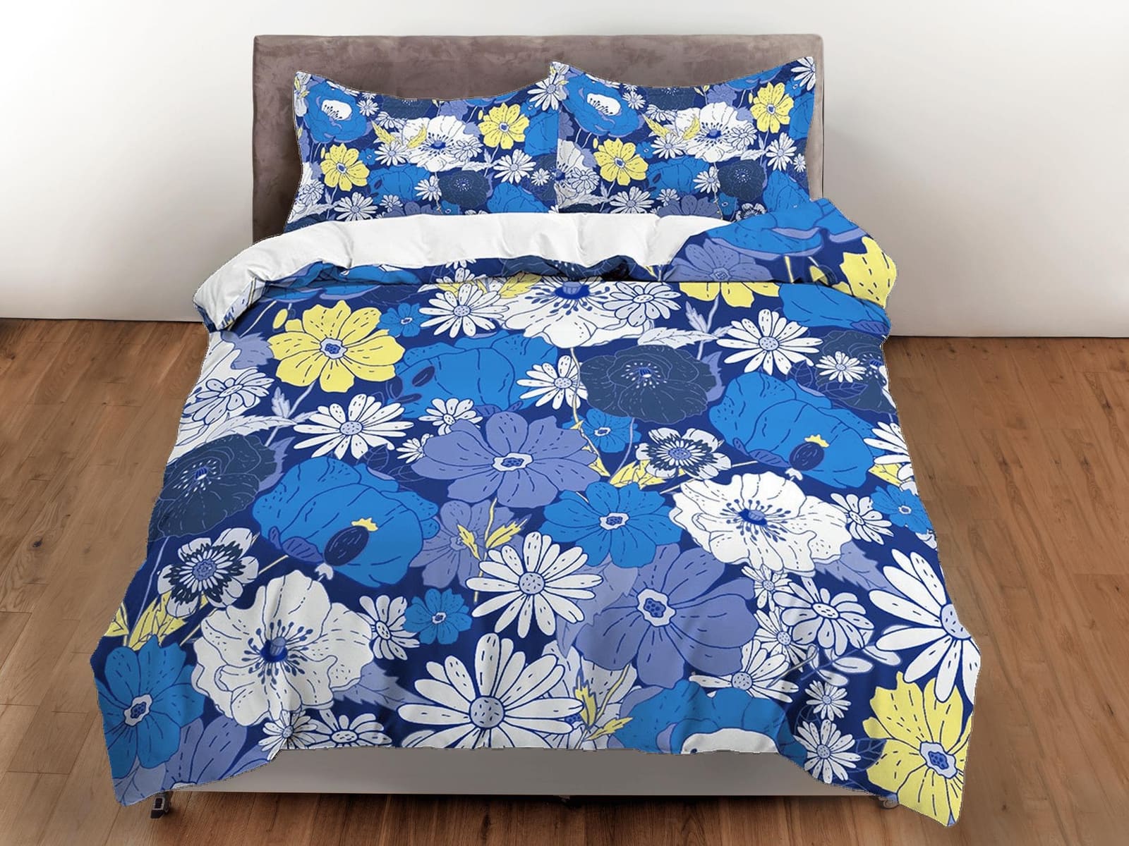 Blue daisies floral bedding, luxury duvet cover queen, king, boho duvet, designer bedding, aesthetic bedding, maximalist f…
