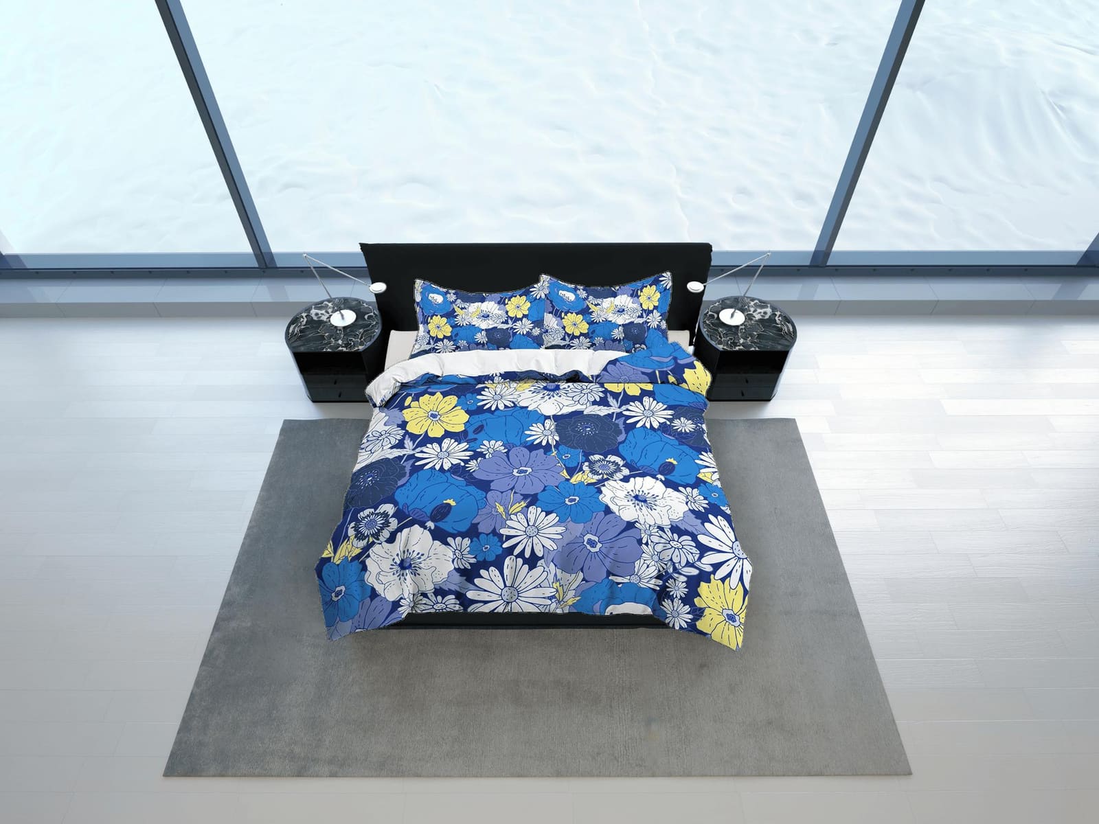 Blue daisies floral bedding, luxury duvet cover queen, king, boho duvet, designer bedding, aesthetic bedding, maximalist f…