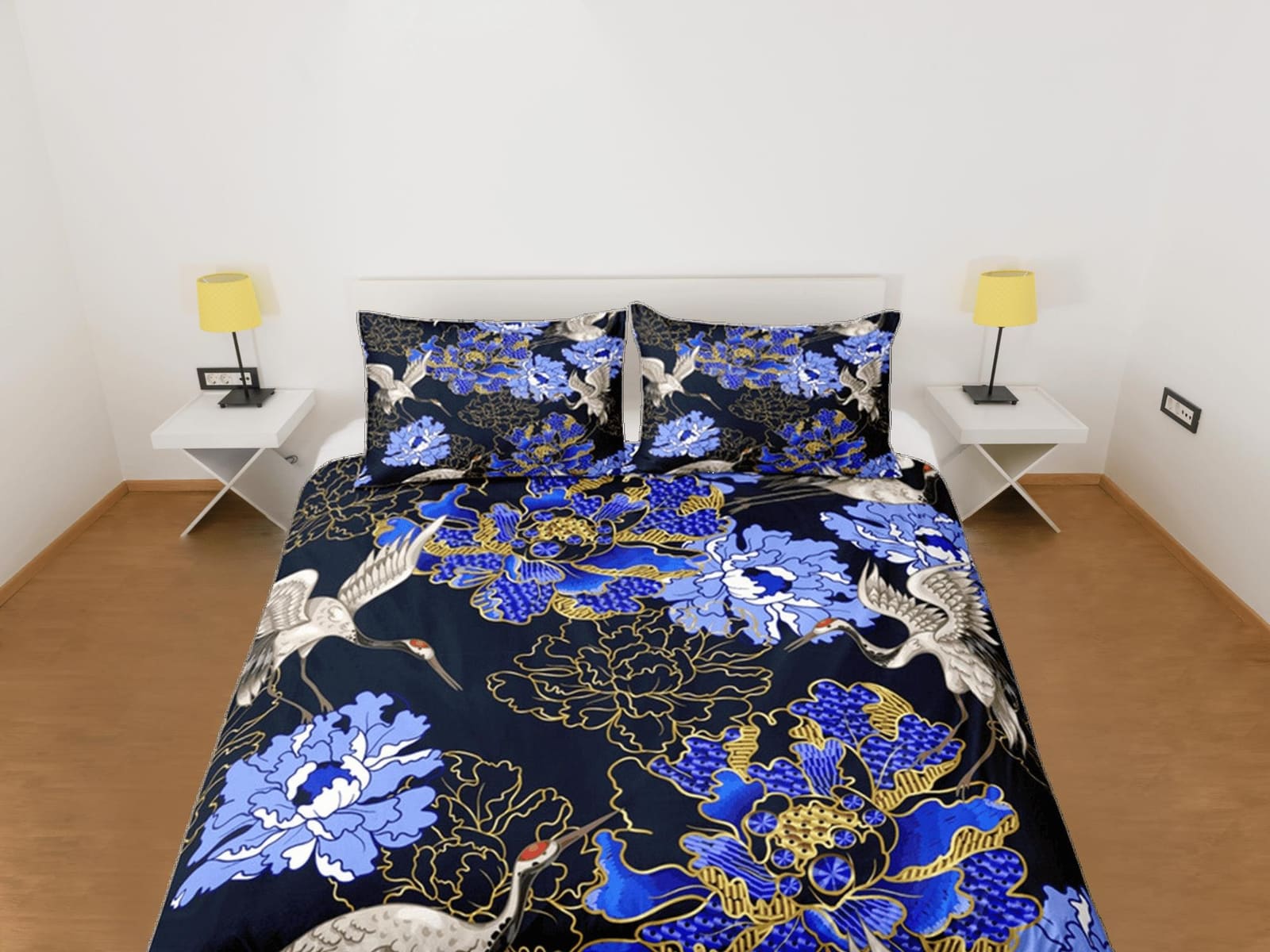 Blue Duvet Cover Set Floral Prints, Japanese Art Crane Bird Dorm Bedding Set & Pillowcase