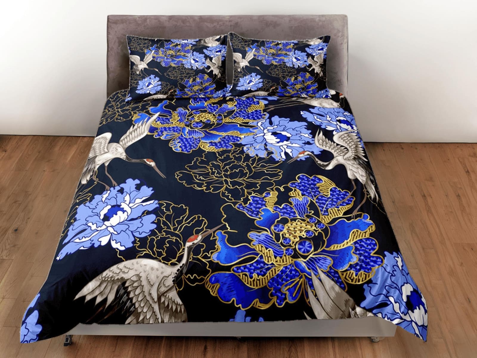 Blue Duvet Cover Set Floral Prints, Japanese Art Crane Bird Dorm Bedding Set & Pillowcase