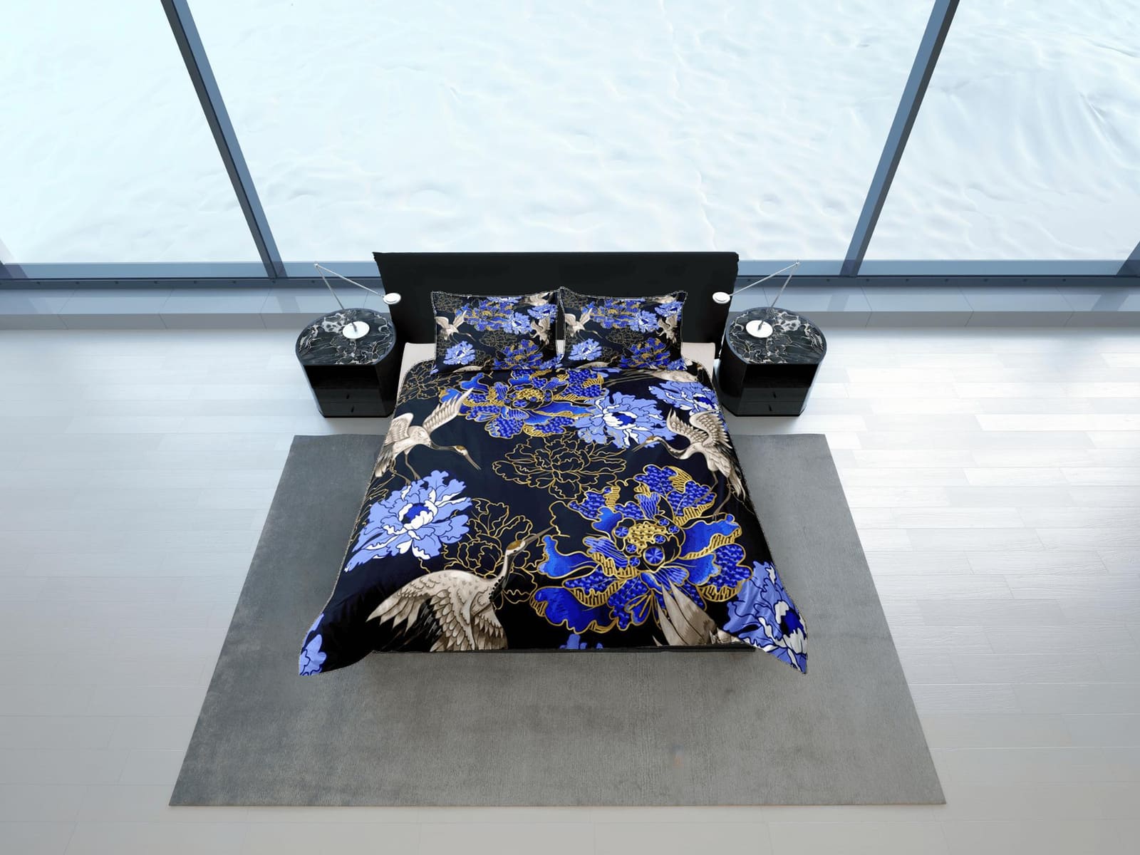 Blue Duvet Cover Set Floral Prints, Japanese Art Crane Bird Dorm Bedding Set & Pillowcase