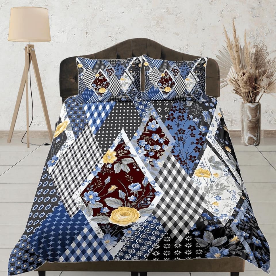 Blue floral and plaid patchwork quilt printed duvet cover set, aesthetic room bedding set full, king, queen size, boho bed…