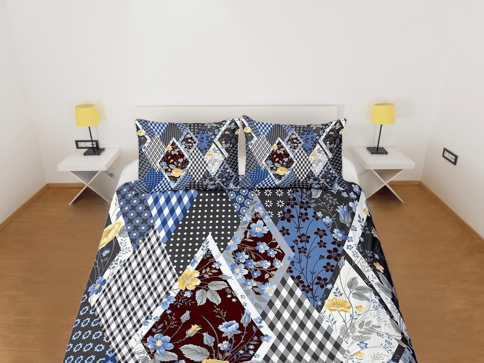Blue floral and plaid patchwork quilt printed duvet cover set, aesthetic room bedding set full, king, queen size, boho bed…