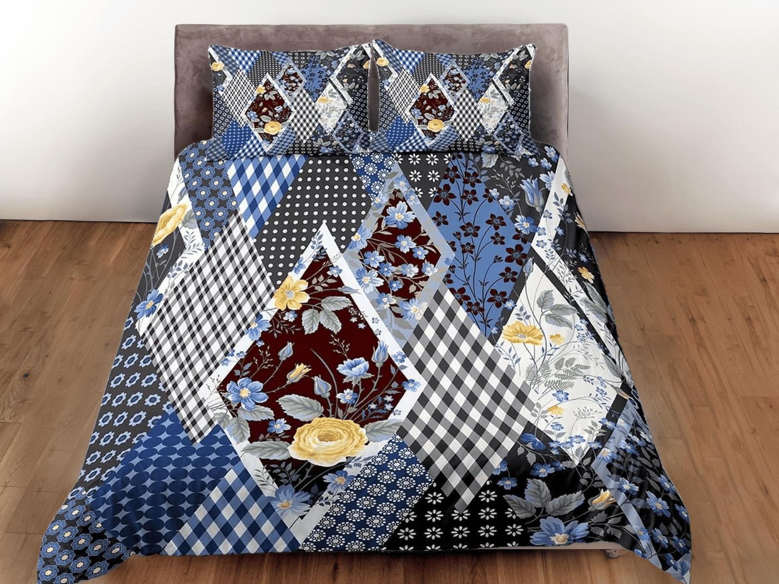 Blue floral and plaid patchwork quilt printed duvet cover set, aesthetic room bedding set full, king, queen size, boho bed…