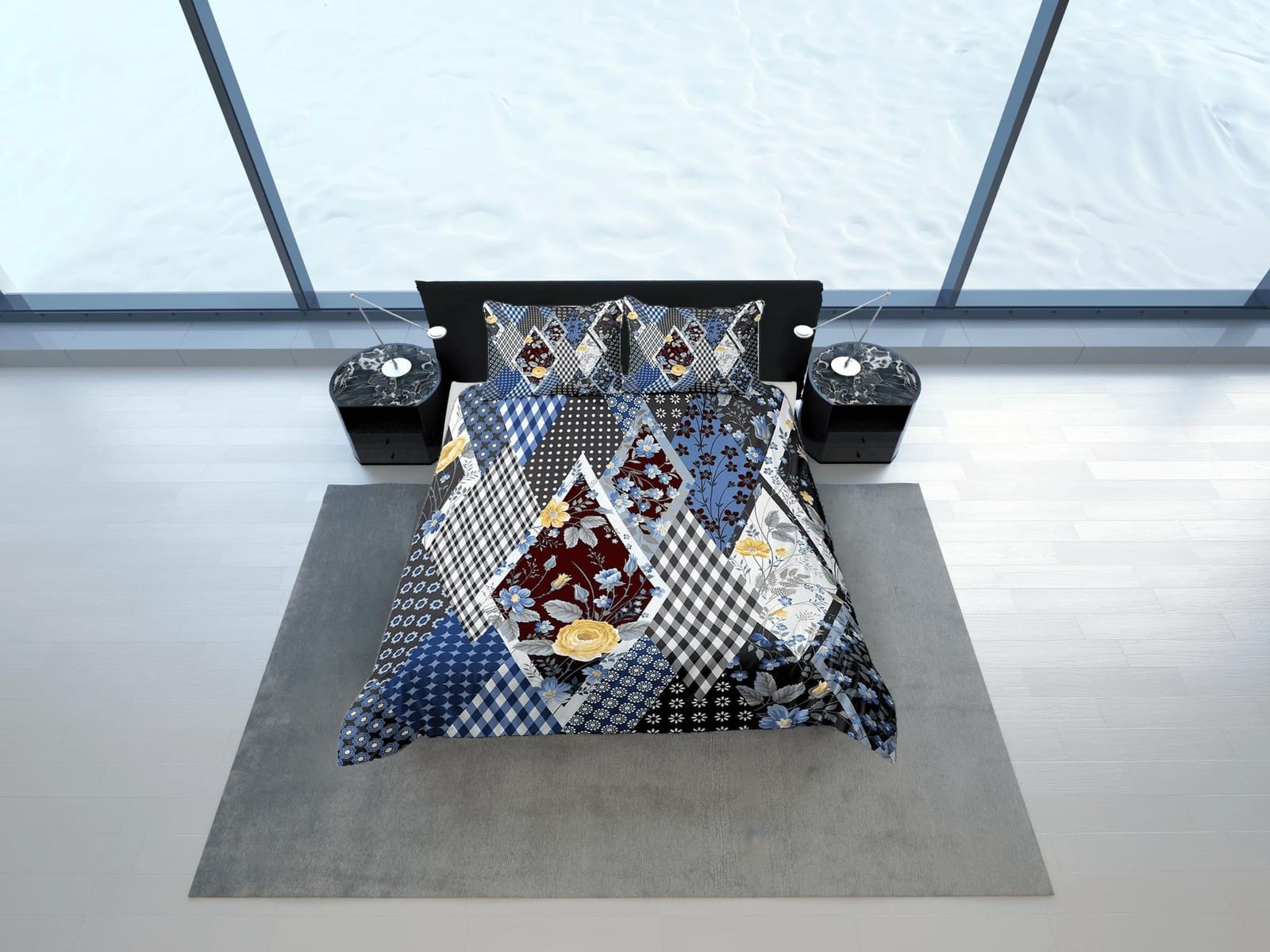 Blue floral and plaid patchwork quilt printed duvet cover set, aesthetic room bedding set full, king, queen size, boho bed…