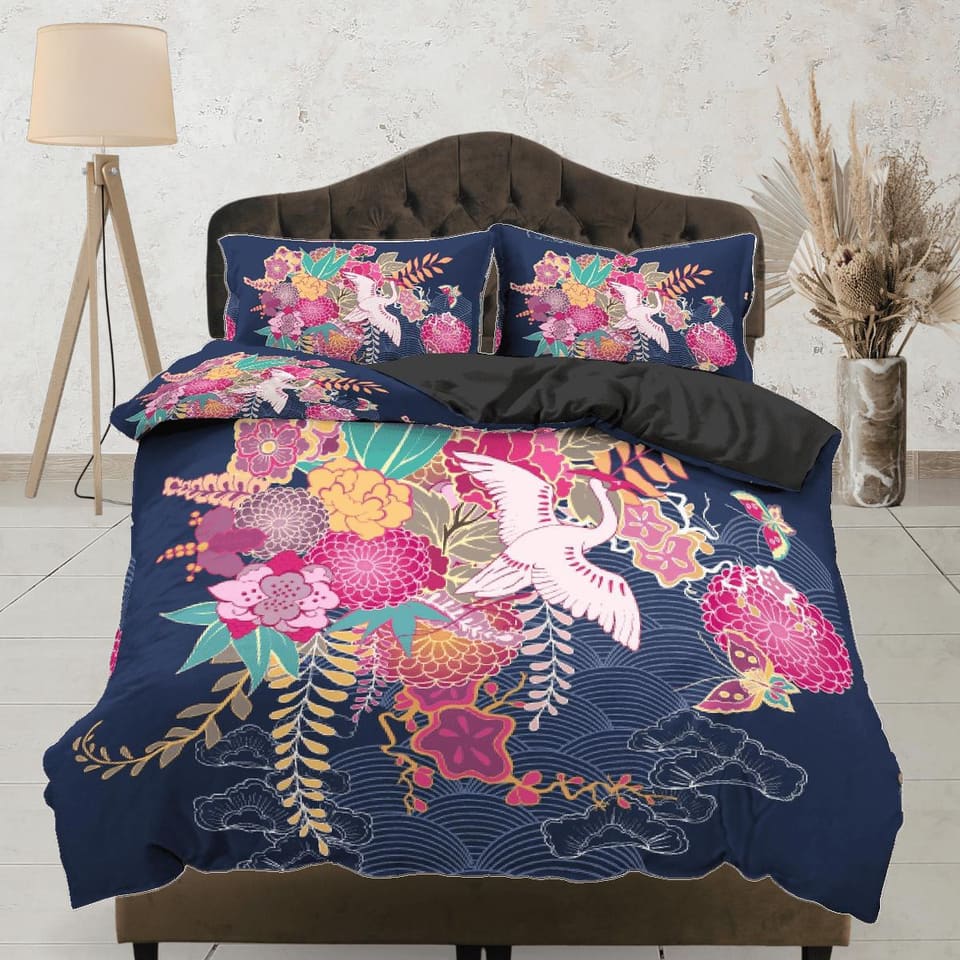 Blue Floral Duvet Cover Set, Japanese Ikebana Crane Bird Comforter Cover Set Pillowcase | Size King, Queen, Full, Twin & S…