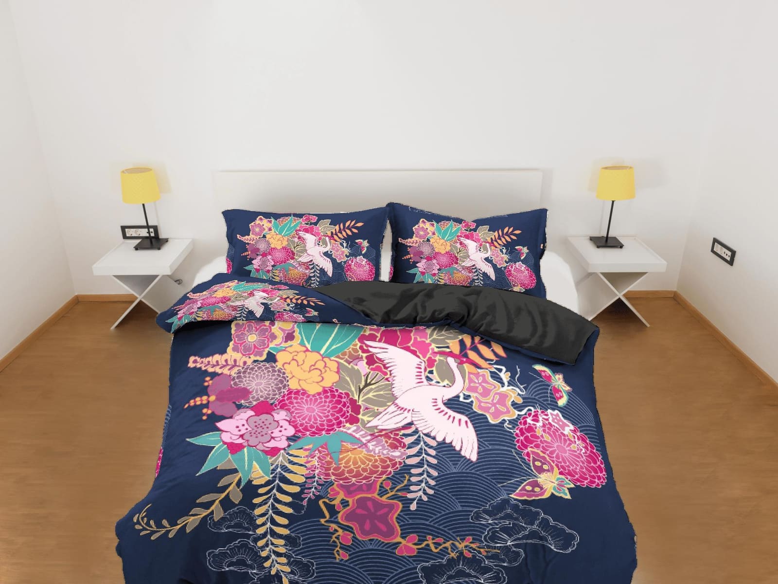 Blue Floral Duvet Cover Set, Japanese Ikebana Crane Bird Comforter Cover Set Pillowcase | Size King, Queen, Full, Twin & S…