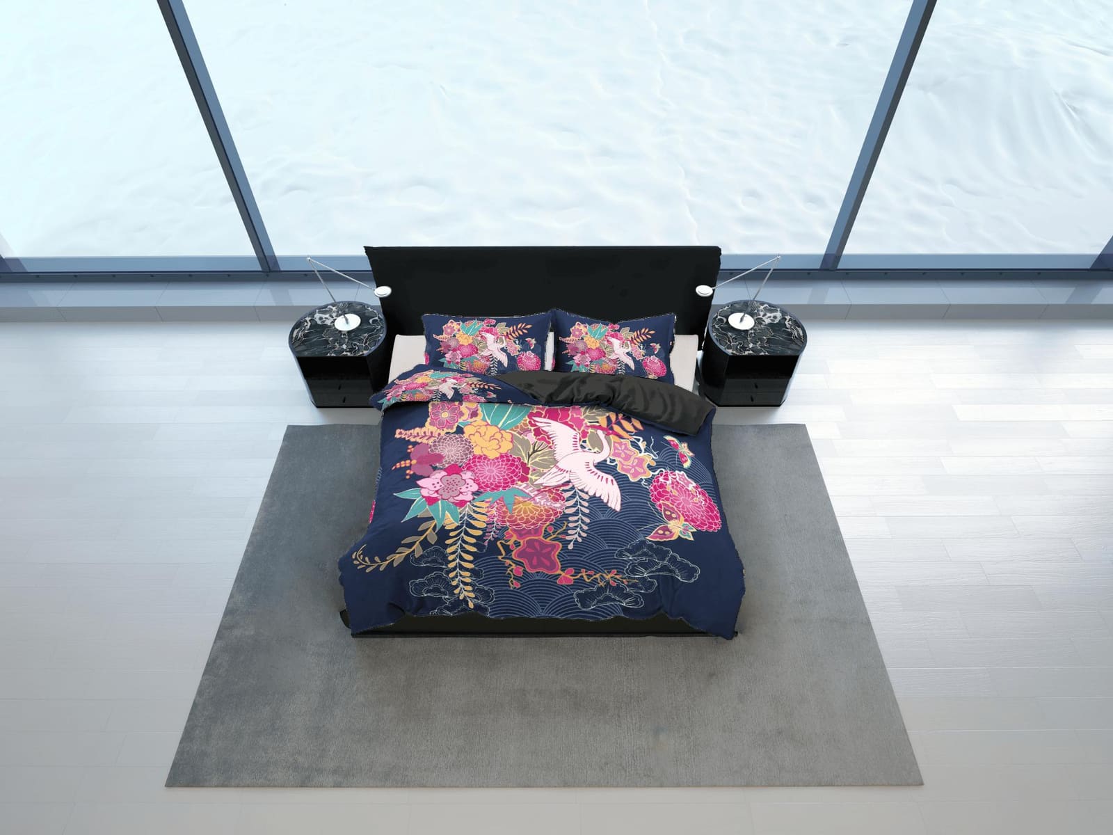 Blue Floral Duvet Cover Set, Japanese Ikebana Crane Bird Comforter Cover Set Pillowcase | Size King, Queen, Full, Twin & S…