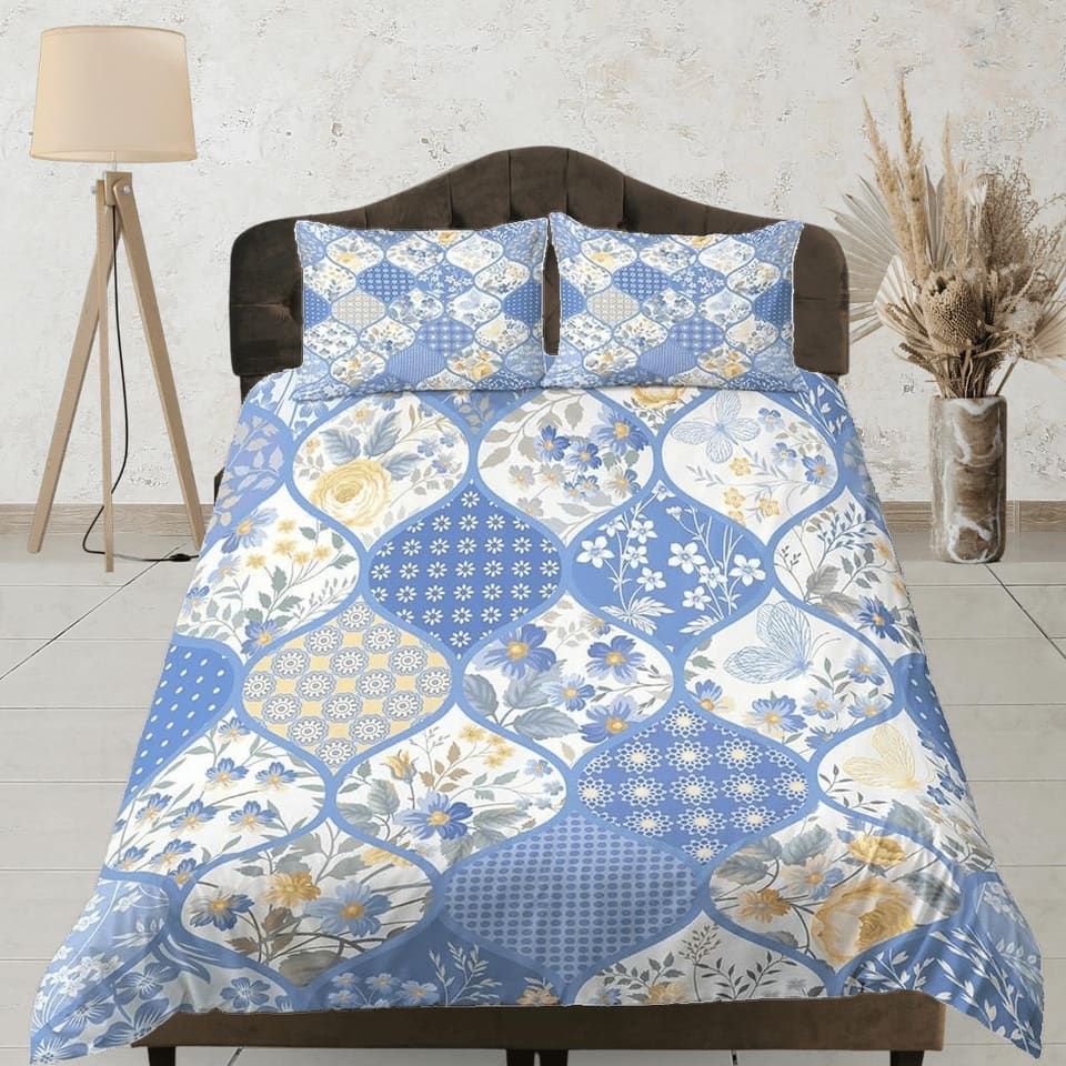 Blue floral patchwork quilt printed duvet cover set, aesthetic room decor bedding set full, king, queen size, boho bedspre…