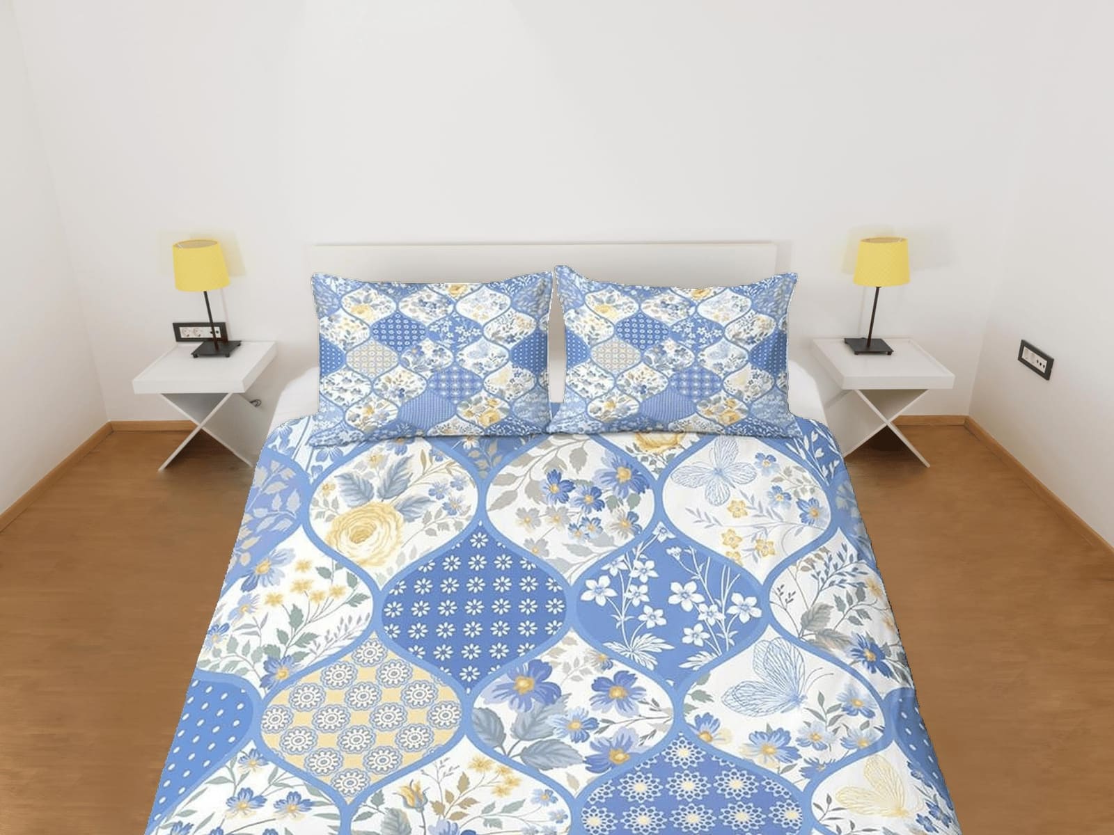 Blue floral patchwork quilt printed duvet cover set, aesthetic room decor bedding set full, king, queen size, boho bedspre…
