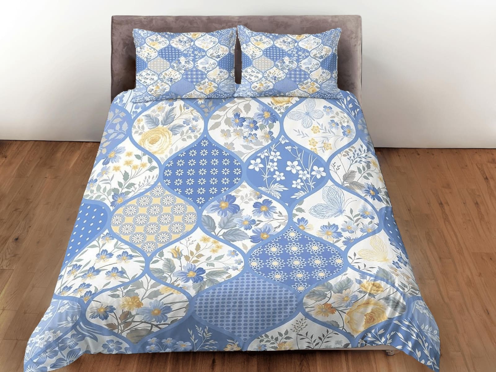 Blue floral patchwork quilt printed duvet cover set, aesthetic room decor bedding set full, king, queen size, boho bedspre…