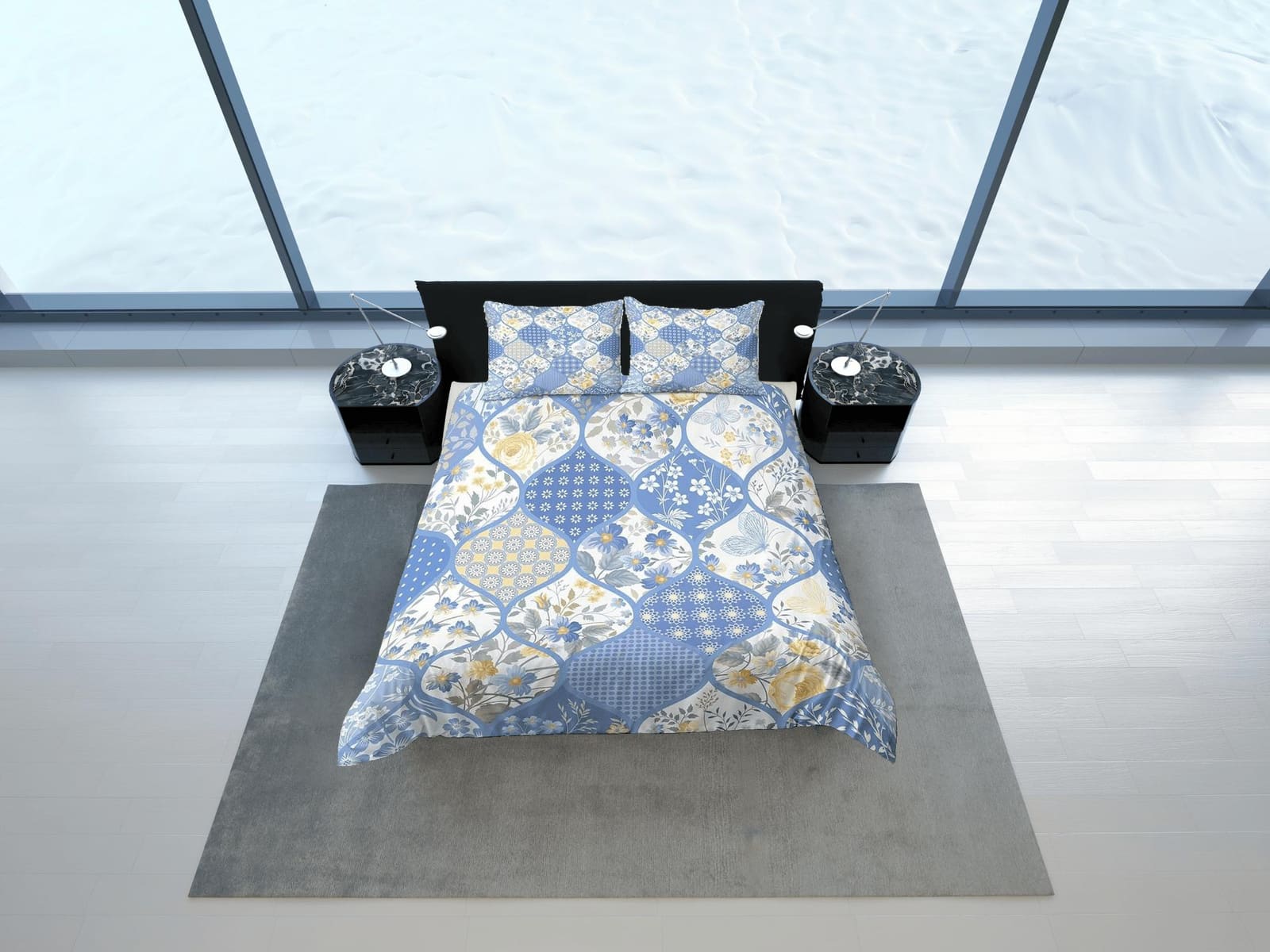 Blue floral patchwork quilt printed duvet cover set, aesthetic room decor bedding set full, king, queen size, boho bedspre…