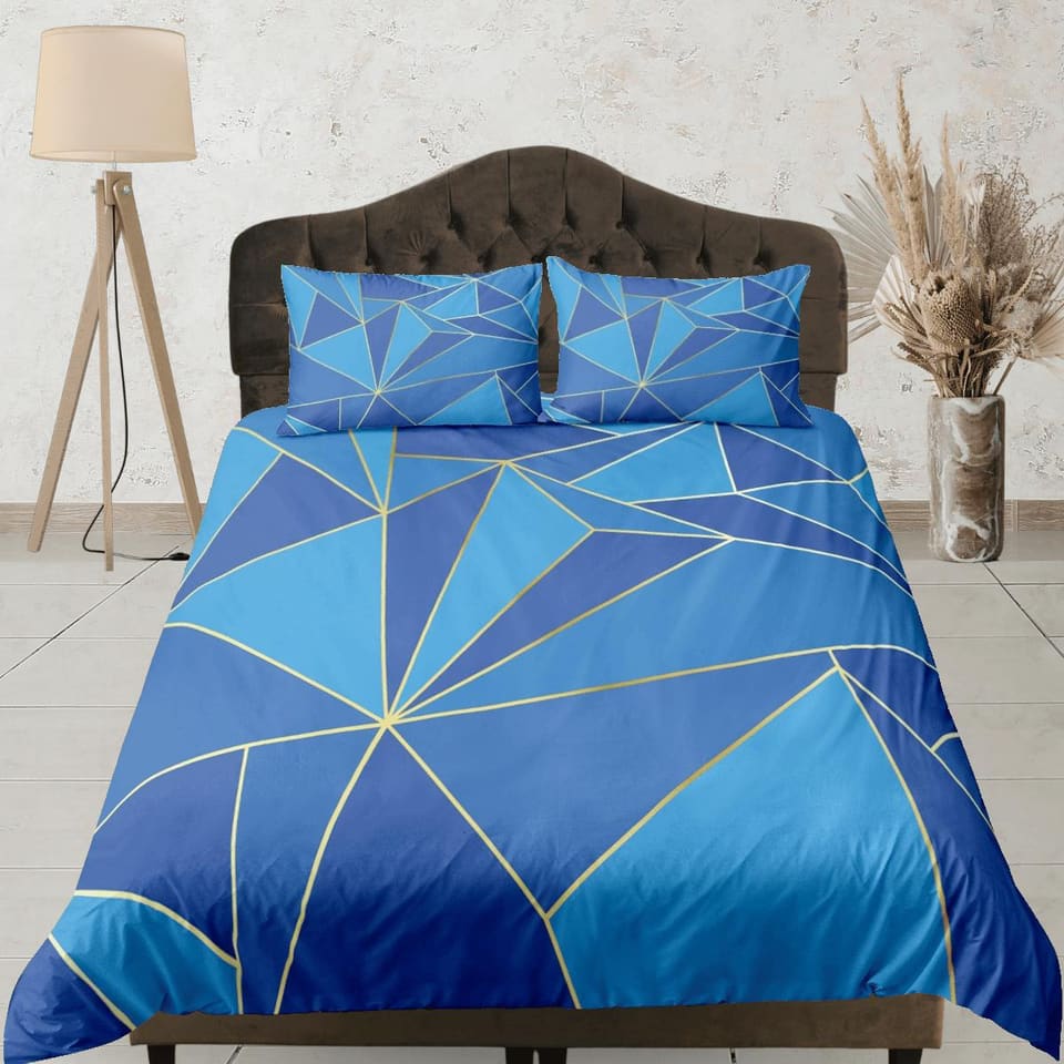 Blue Geometric Bedding Set Luxury Duvet Cover, Aesthetic Zipper Bedding, Printed Doona Cover, California King, Queen, Full…