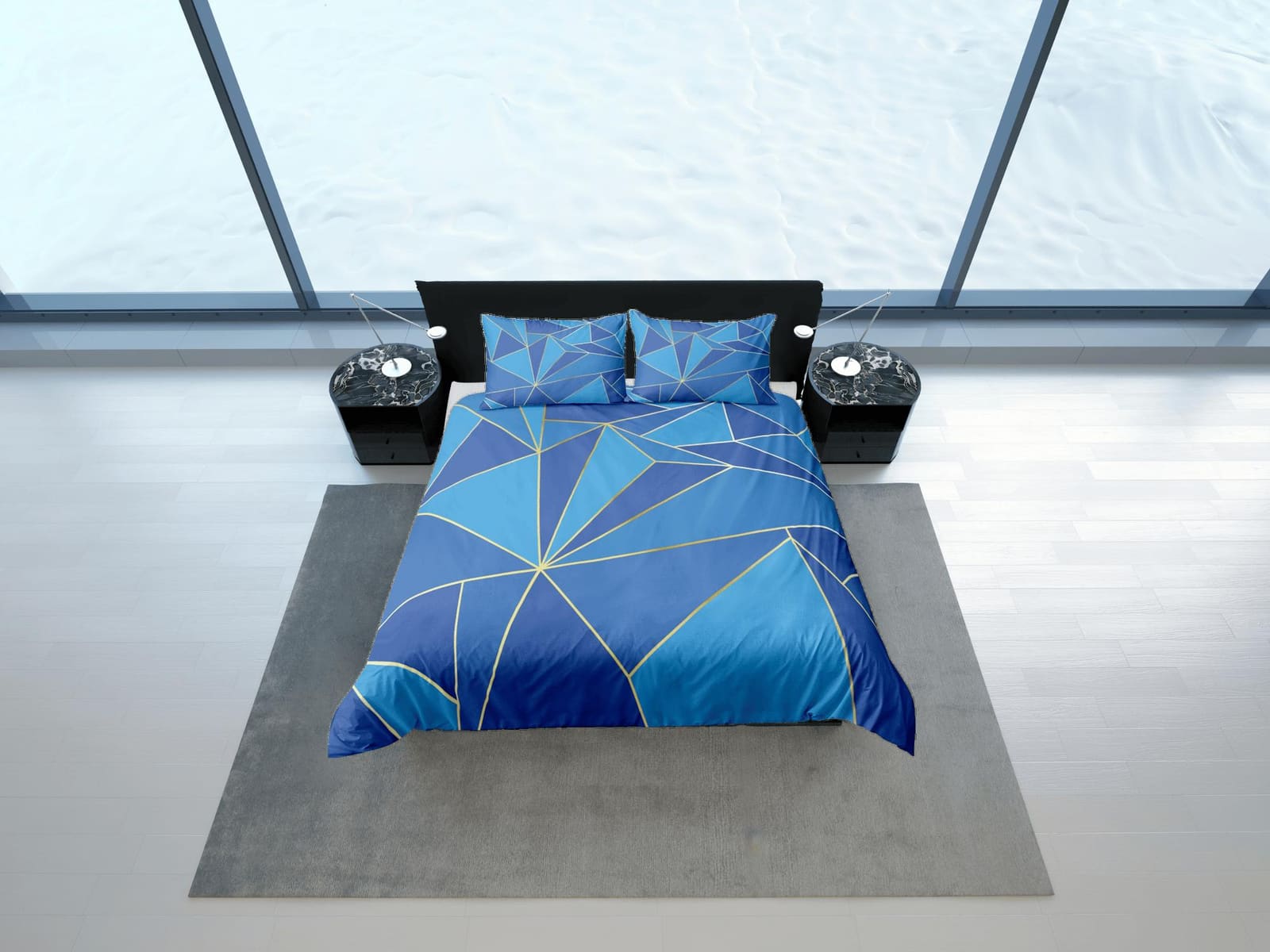 Blue Geometric Bedding Set Luxury Duvet Cover, Aesthetic Zipper Bedding, Printed Doona Cover, California King, Queen, Full…
