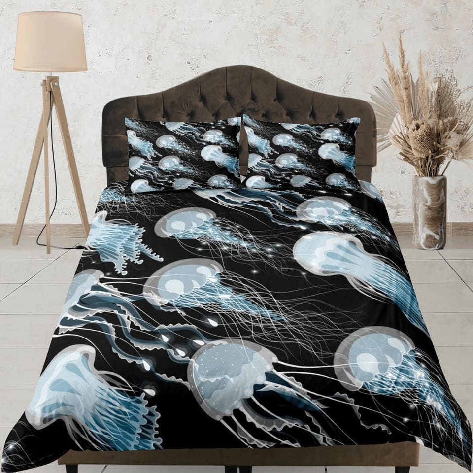 Blue jellyfish bedding black duvet cover, ocean blush sea animal bedding set full king queen twin crib toddler, college do…