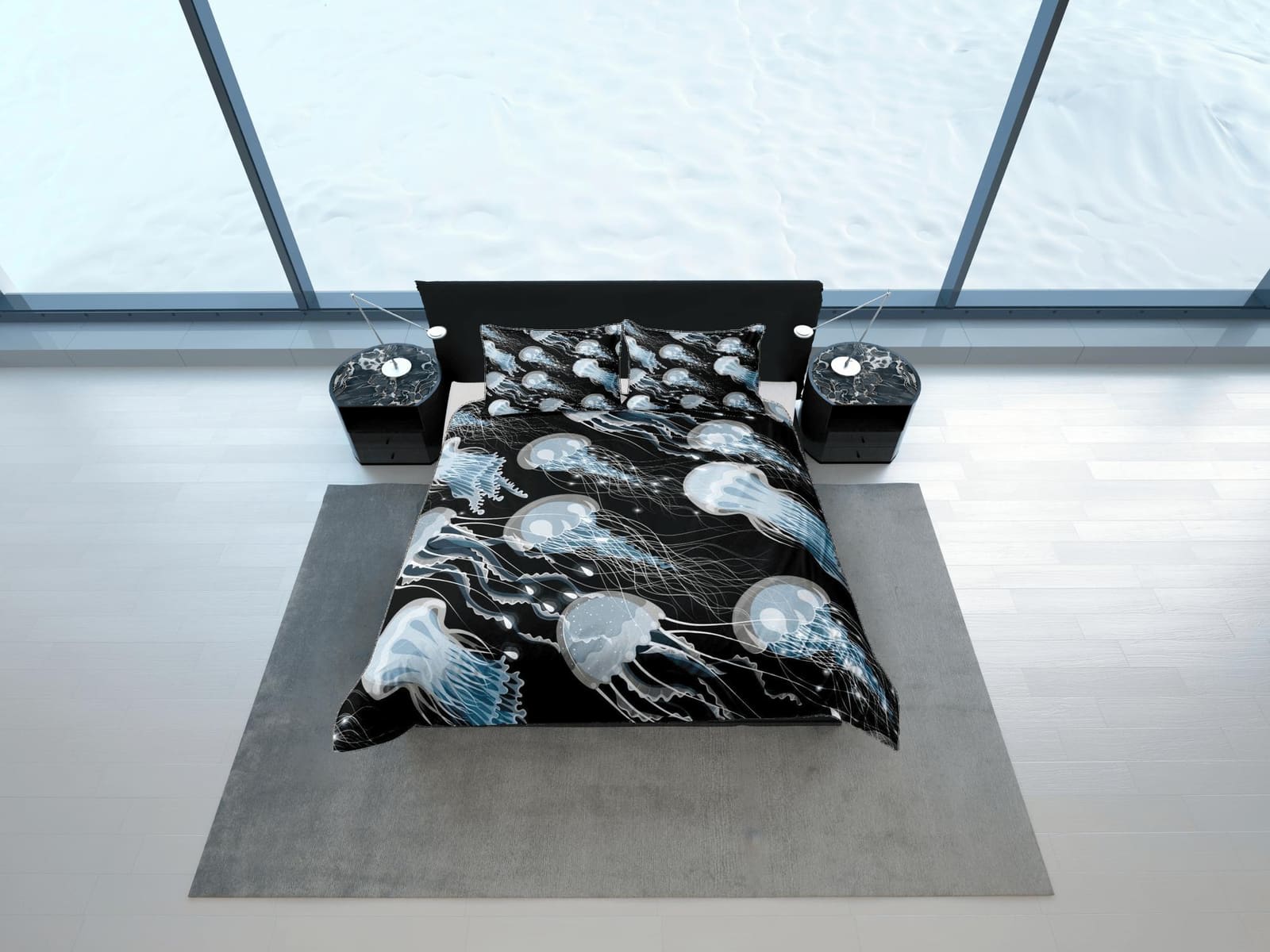 Blue jellyfish bedding black duvet cover, ocean blush sea animal bedding set full king queen twin crib toddler, college do…