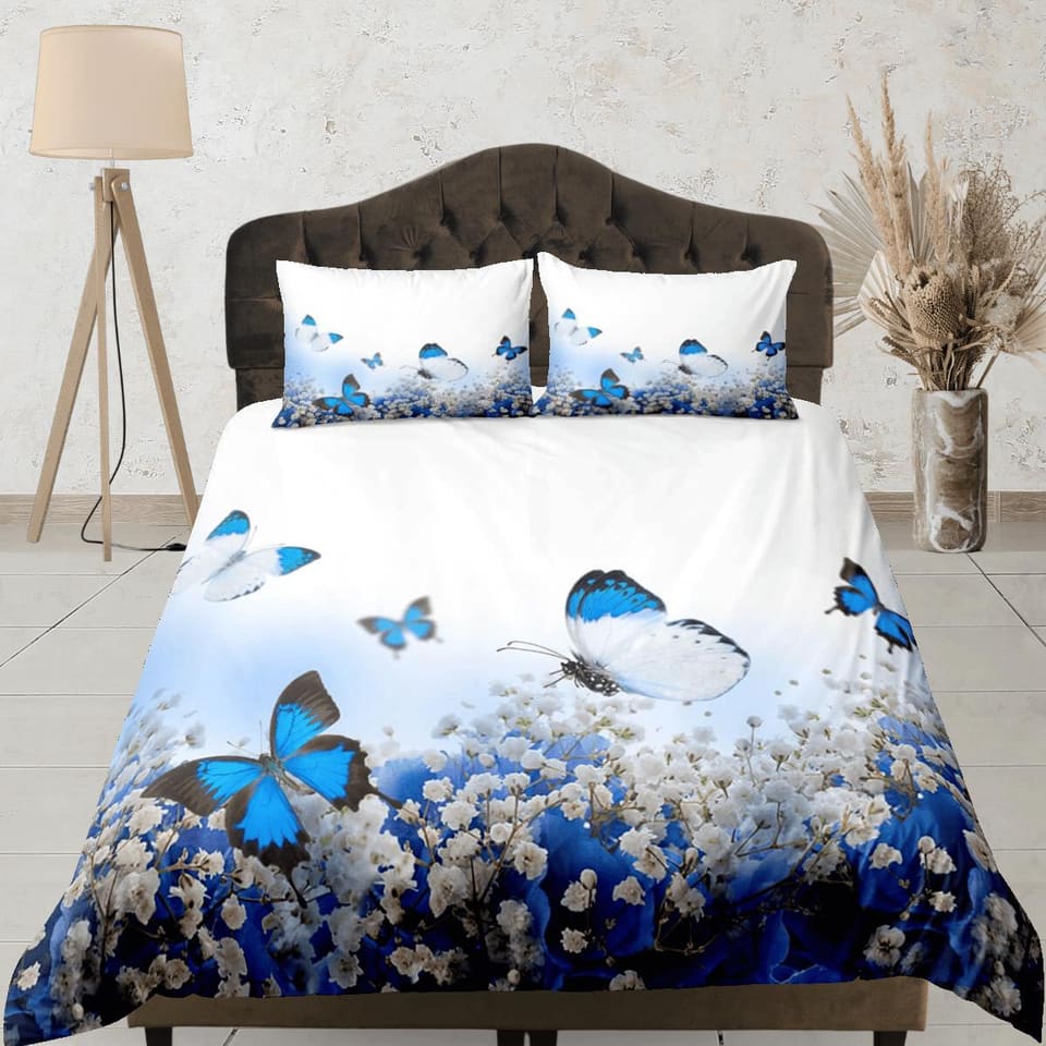 Blue monarch butterfly bedding duvet cover colorful dorm bedding, full size adult duvet king queen twin, butterfly nursery…