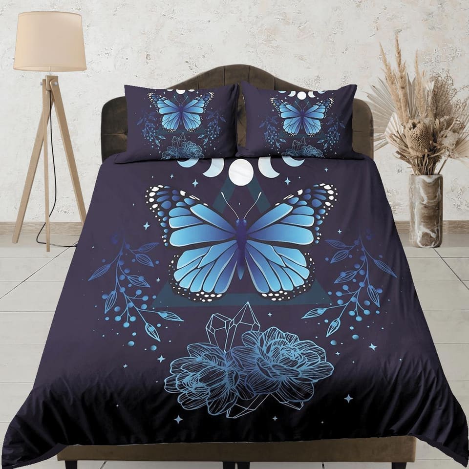 Blue monarch butterfly celestial bedding, witchy dorm bedding, aesthetic duvet cover set, boho bedding set full king queen…