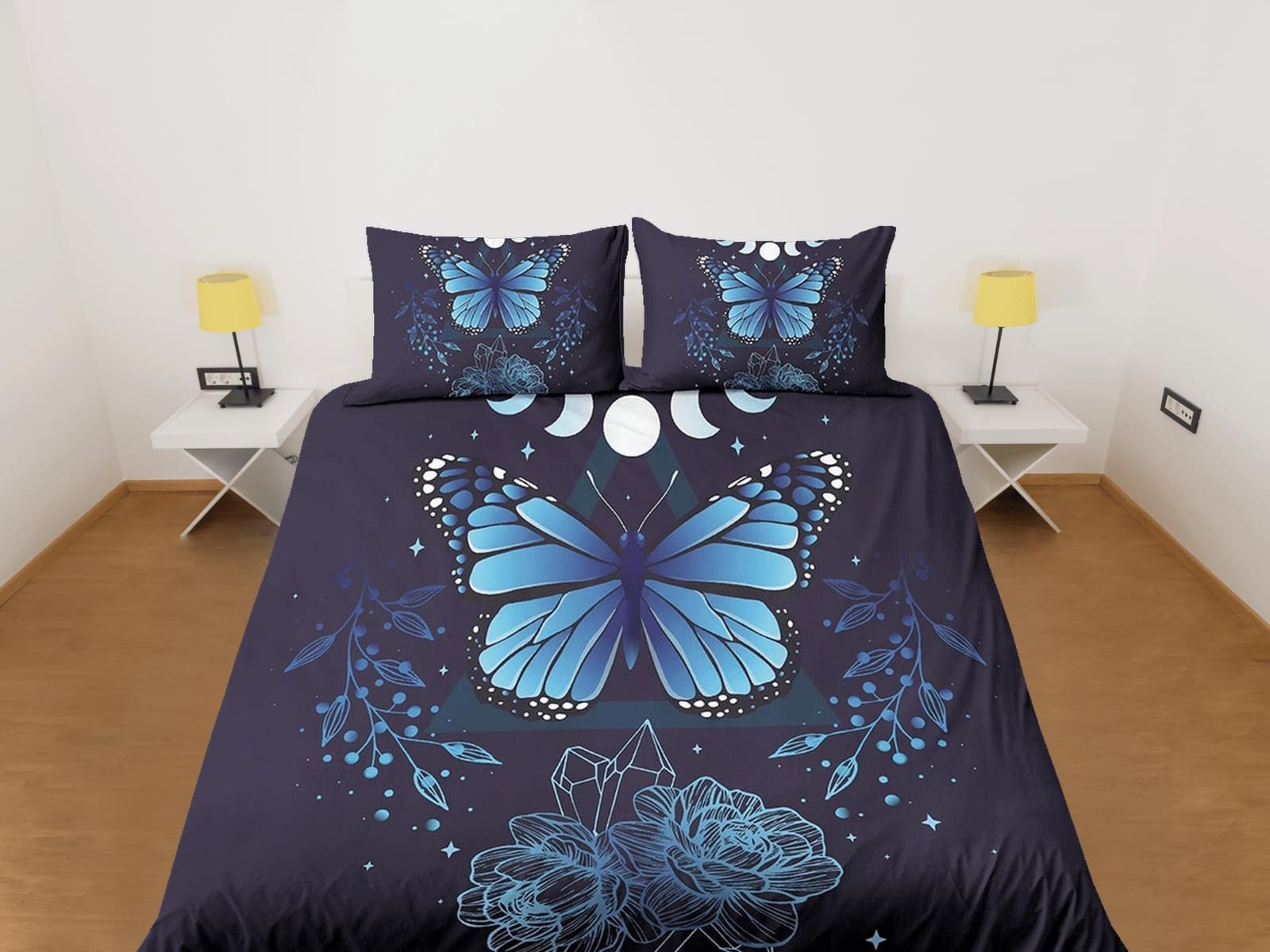 Blue monarch butterfly celestial bedding, witchy dorm bedding, aesthetic duvet cover set, boho bedding set full king queen…