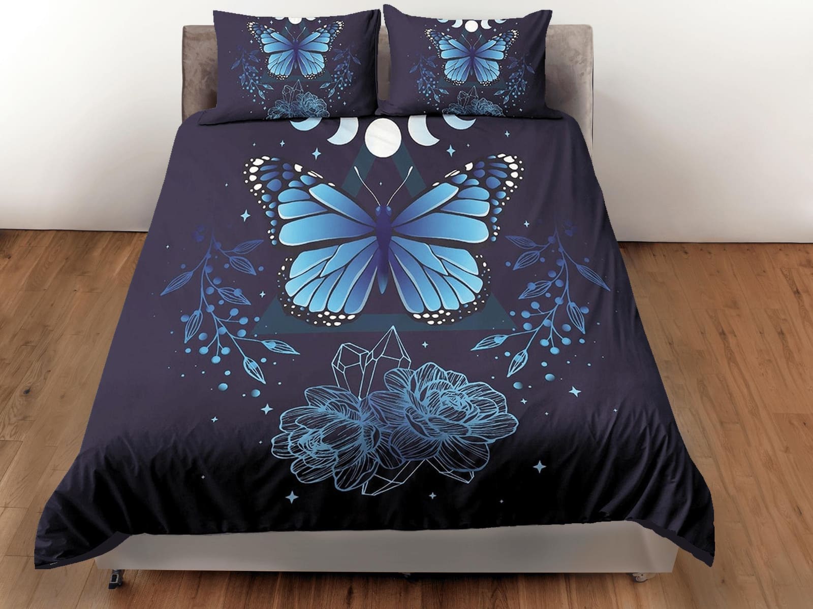 Blue monarch butterfly celestial bedding, witchy dorm bedding, aesthetic duvet cover set, boho bedding set full king queen…