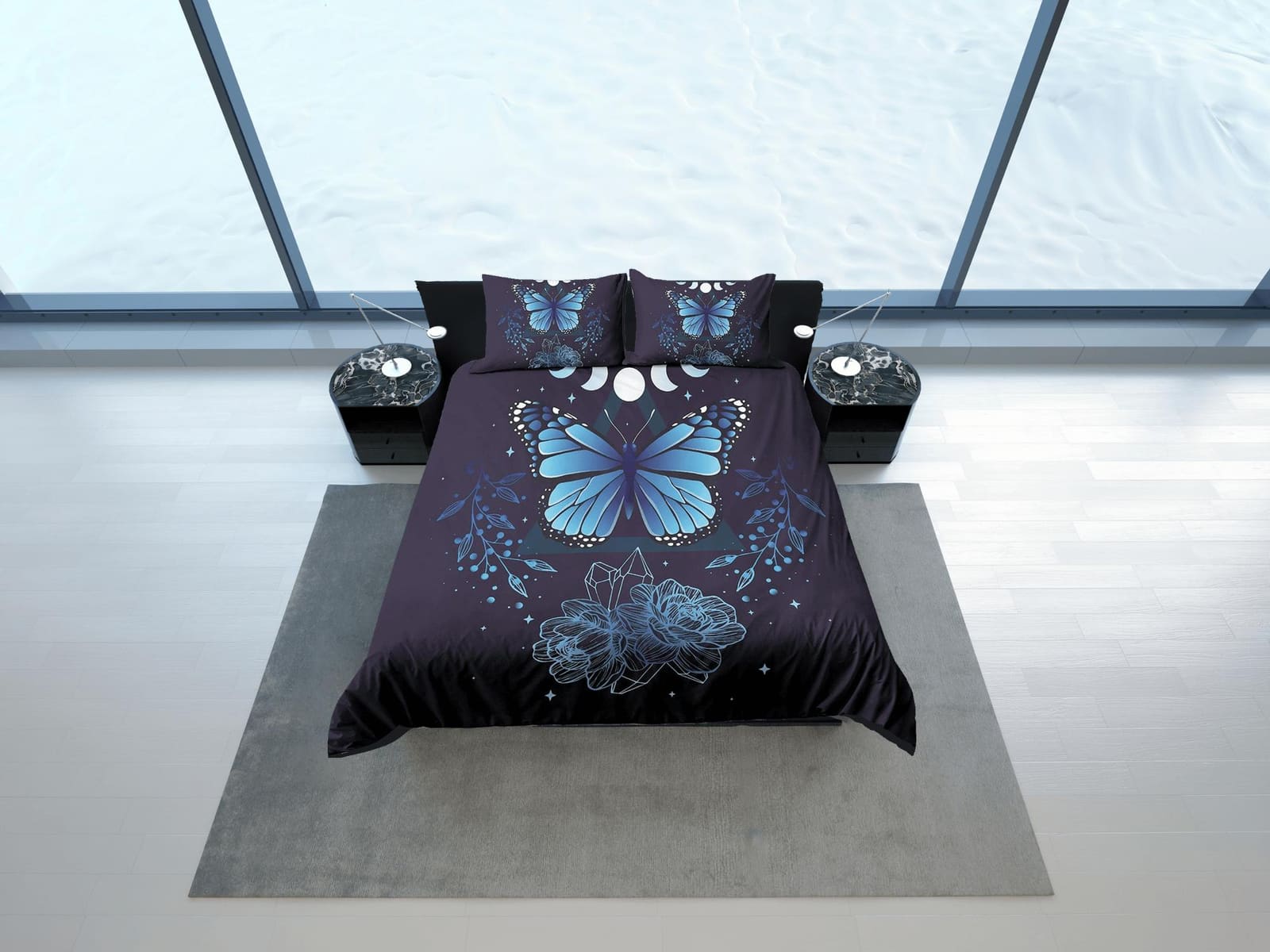 Blue monarch butterfly celestial bedding, witchy dorm bedding, aesthetic duvet cover set, boho bedding set full king queen…