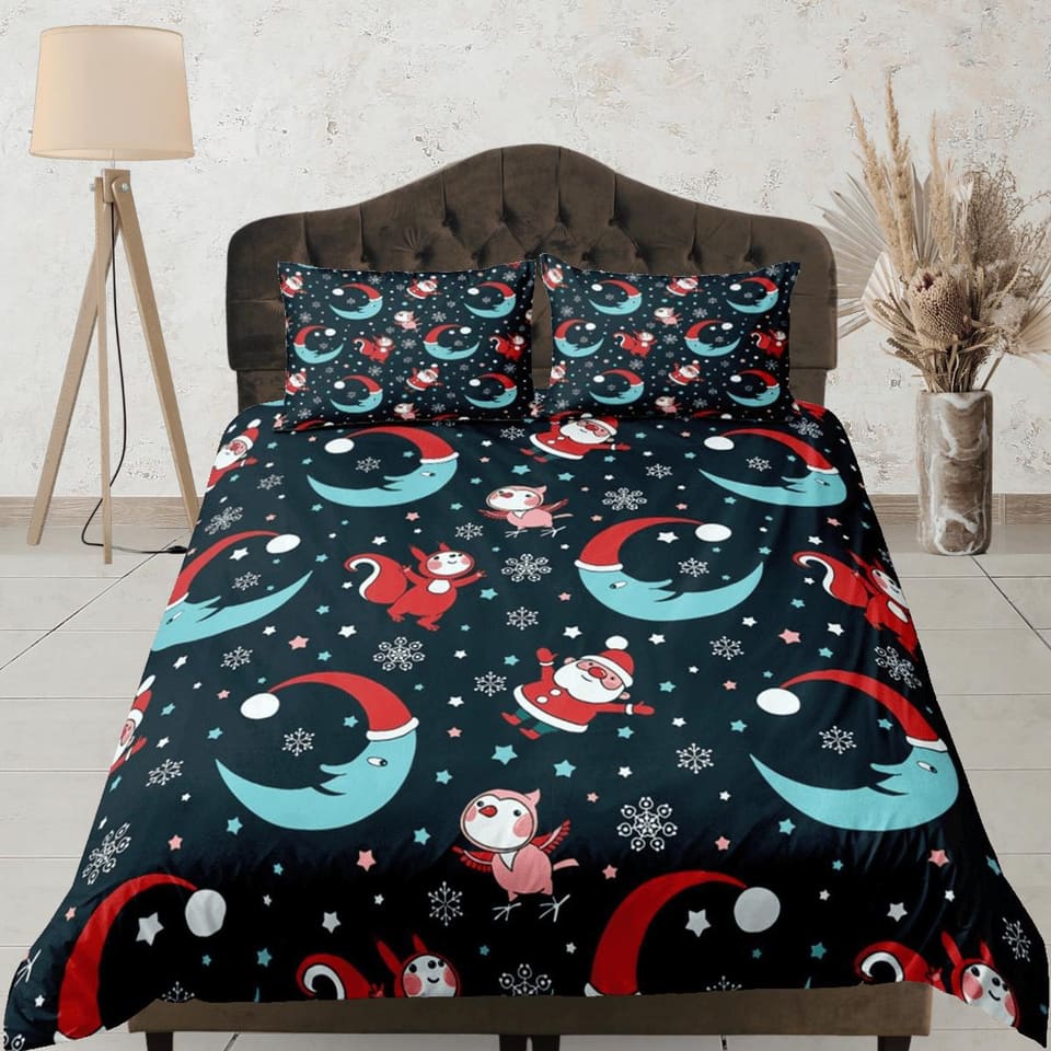 Blue moon and santa claus duvet cover set, christmas full size bedding & pillowcase, college bedding, crib toddler bedding…