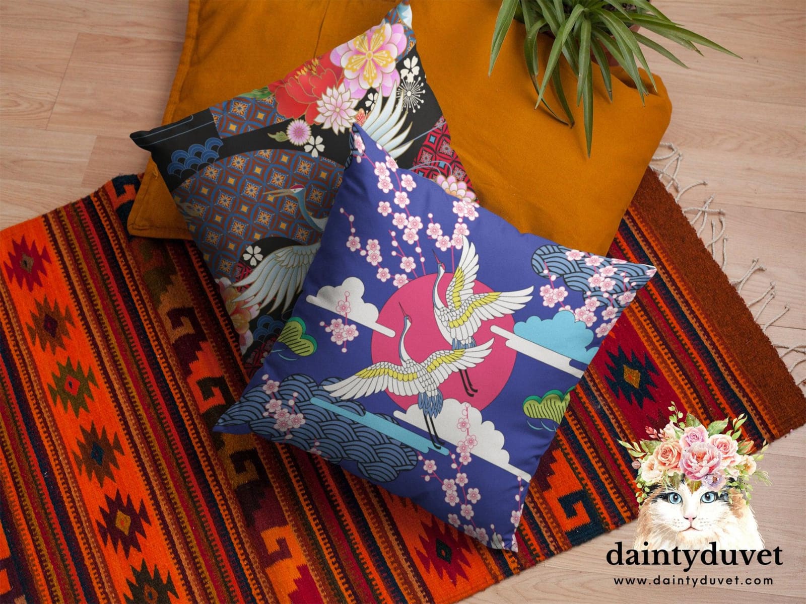 Blue Oriental Pillowcase with Crane and Cherry Blossoms Prints, Japanese Fabric Chair Cushion Cover, Japanese Decor Square…