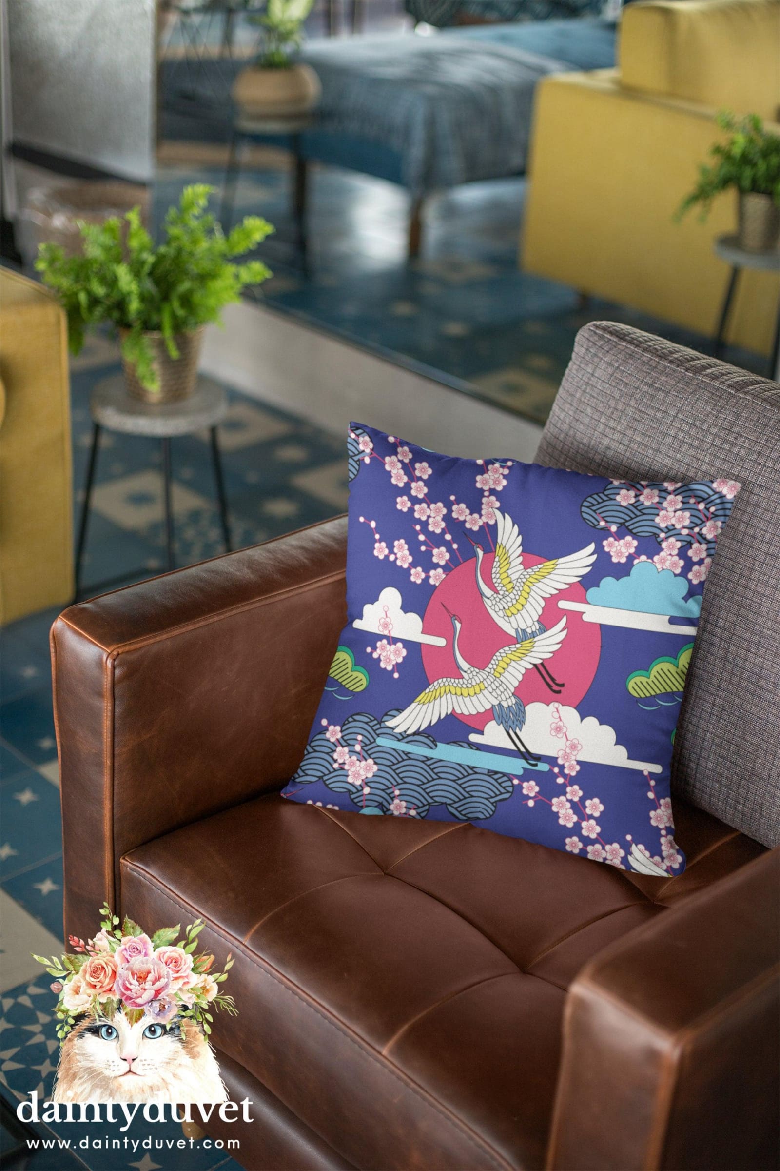 Blue Oriental Pillowcase with Crane and Cherry Blossoms Prints, Japanese Fabric Chair Cushion Cover, Japanese Decor Square…