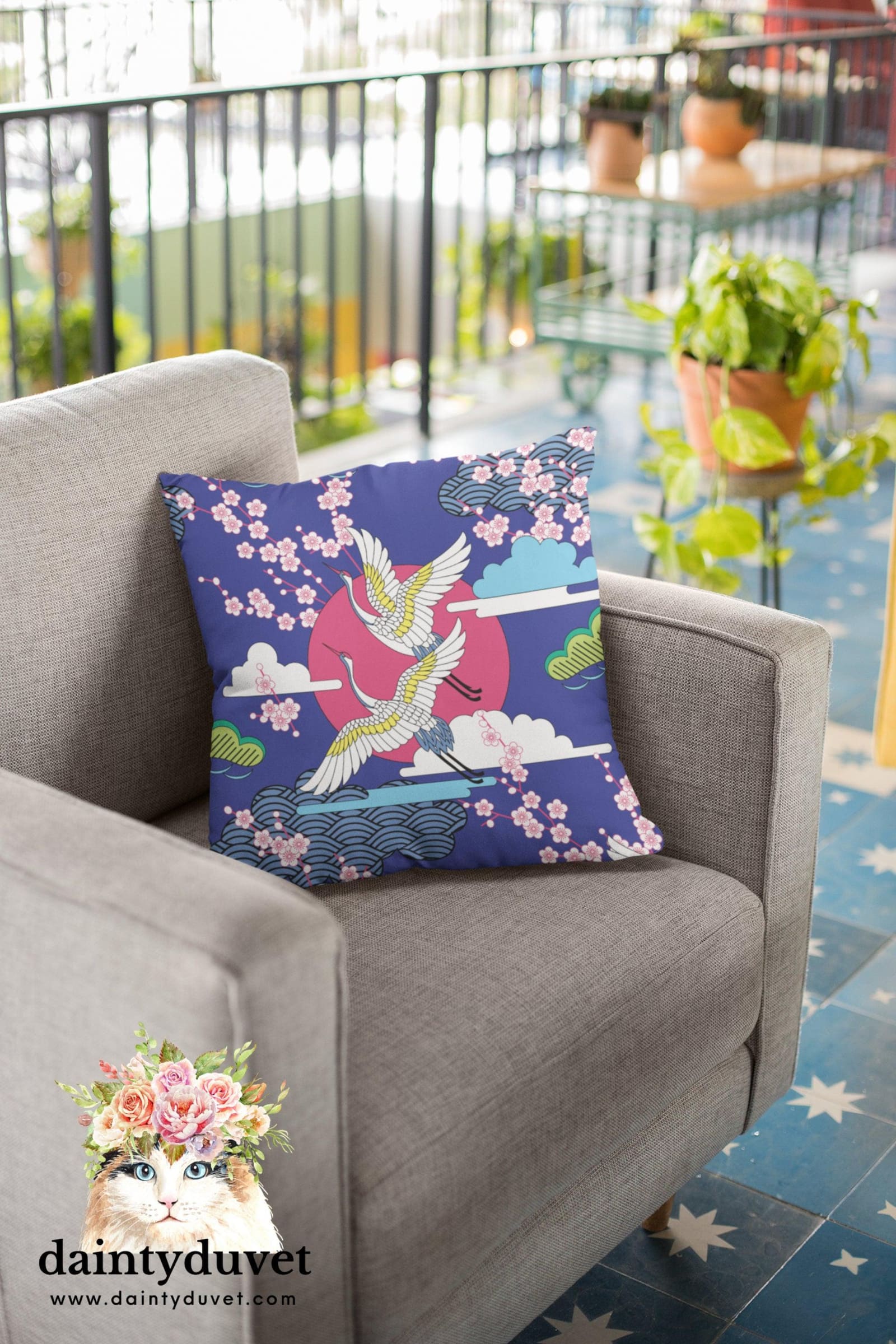 Blue Oriental Pillowcase with Crane and Cherry Blossoms Prints, Japanese Fabric Chair Cushion Cover, Japanese Decor Square…