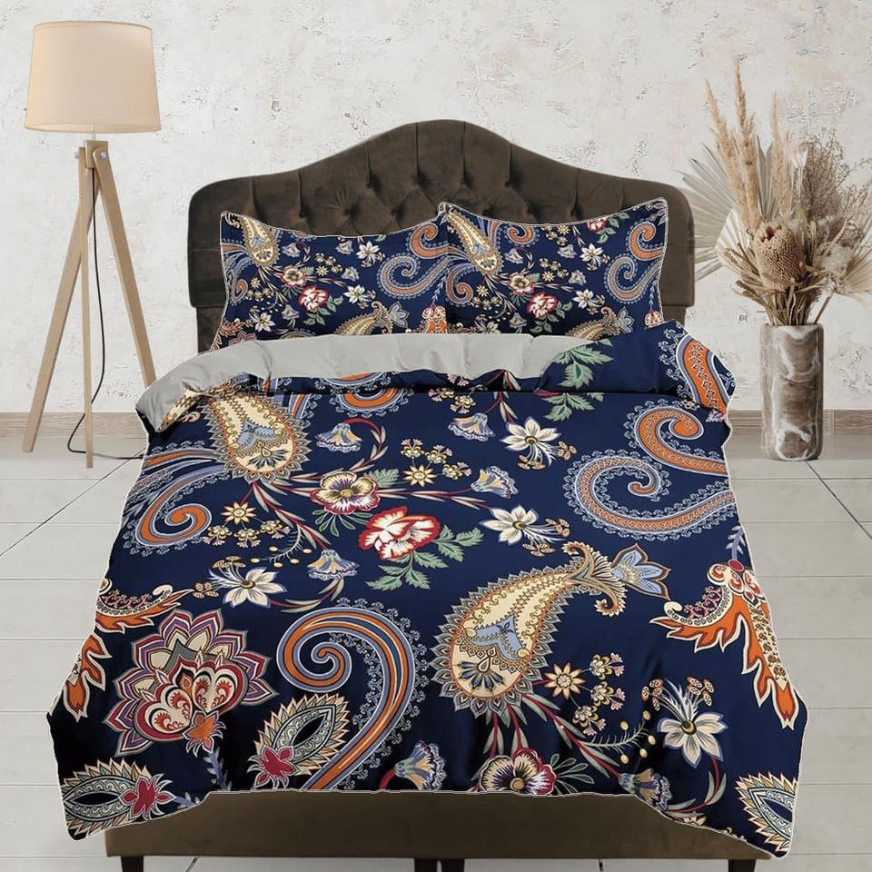 Blue paisley duvet cover set, aesthetic room decor bedding set full, king, queen size, abstract boho bedspread, shabby chi…