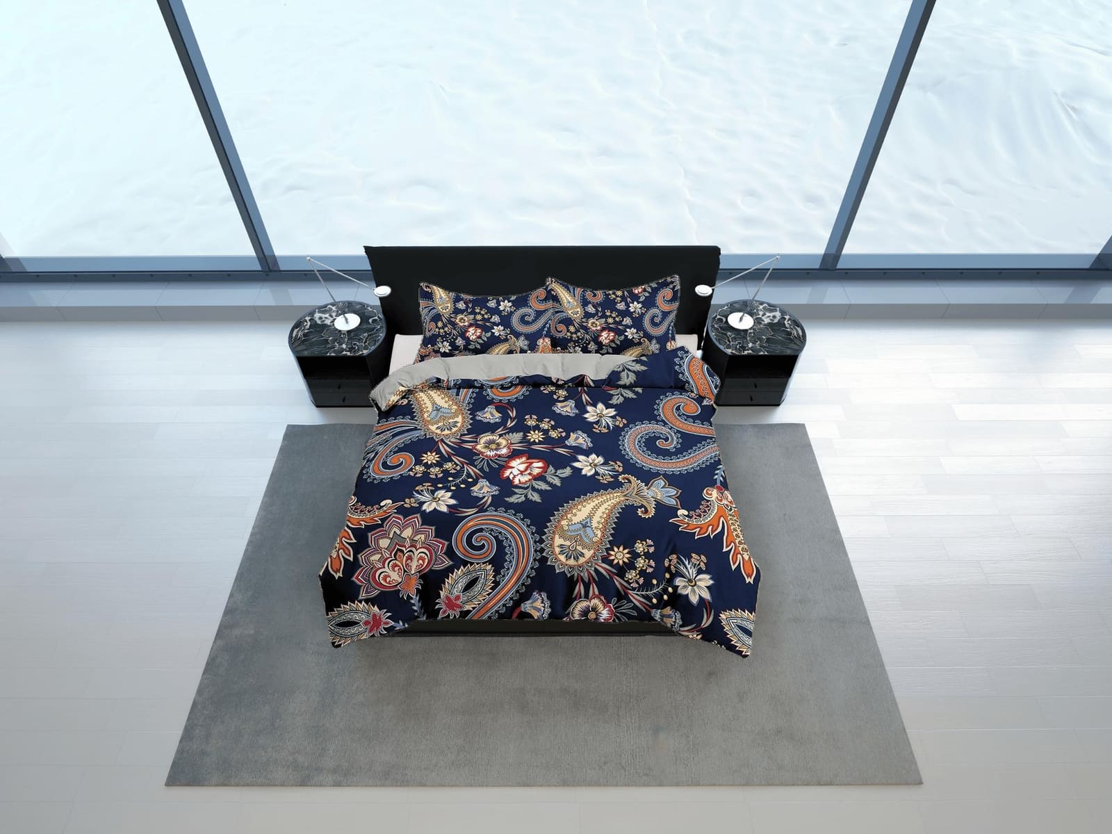 Blue paisley duvet cover set, aesthetic room decor bedding set full, king, queen size, abstract boho bedspread, shabby chi…