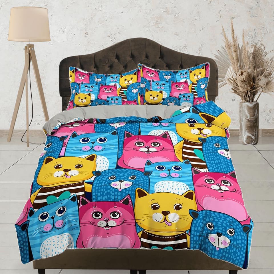 Blue, Pink and Yellow Cute Cats Kids Duvet Cover Set, Toddler Bedding, Kids Bedroom, Colorful Bedding, Duvet King Queen Fu…