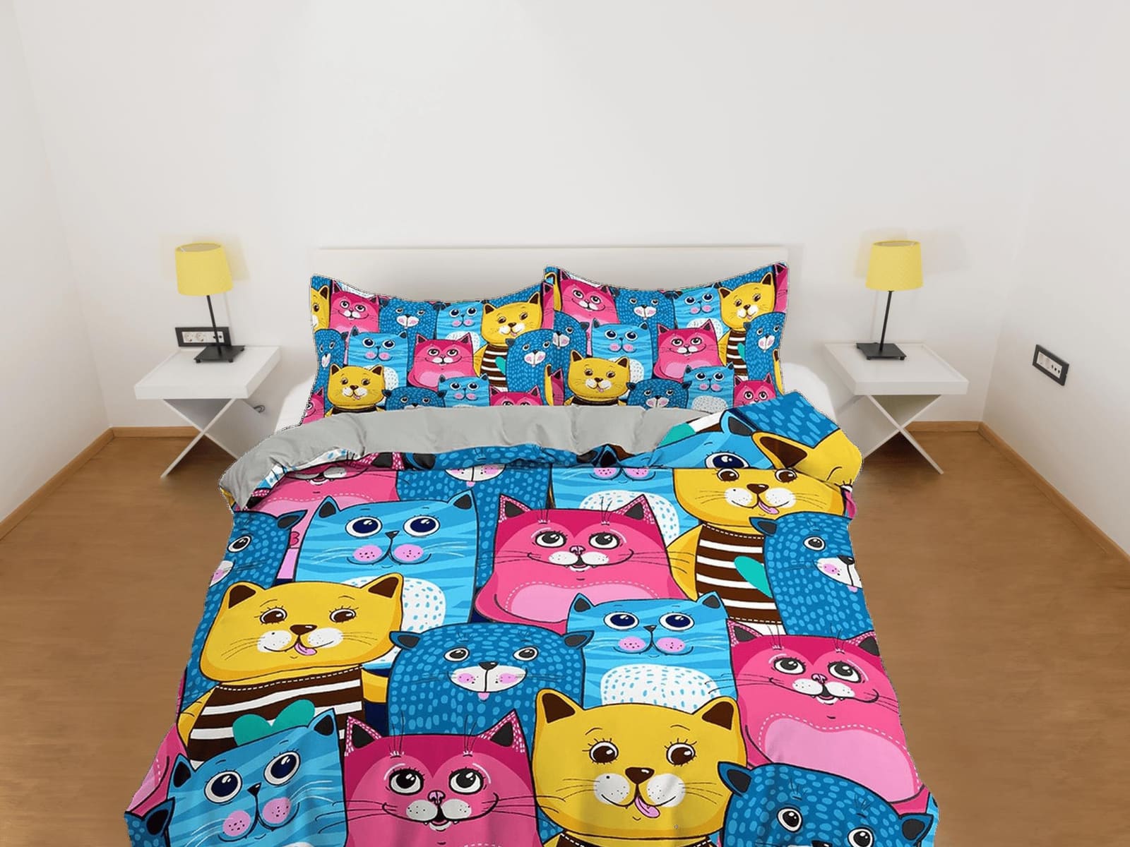 Blue, Pink and Yellow Cute Cats Kids Duvet Cover Set, Toddler Bedding, Kids Bedroom, Colorful Bedding, Duvet King Queen Fu…