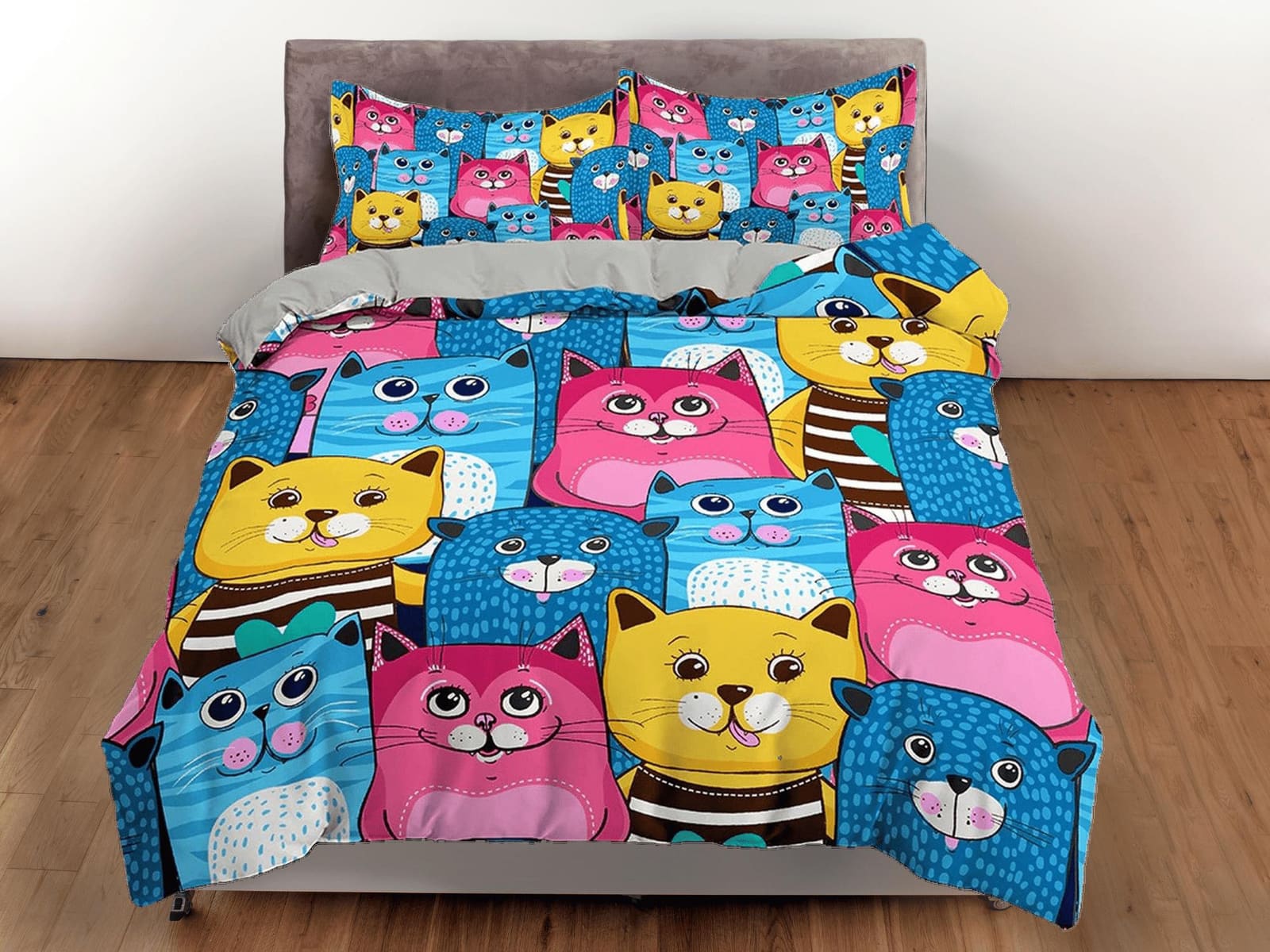 Blue, Pink and Yellow Cute Cats Kids Duvet Cover Set, Toddler Bedding, Kids Bedroom, Colorful Bedding, Duvet King Queen Fu…