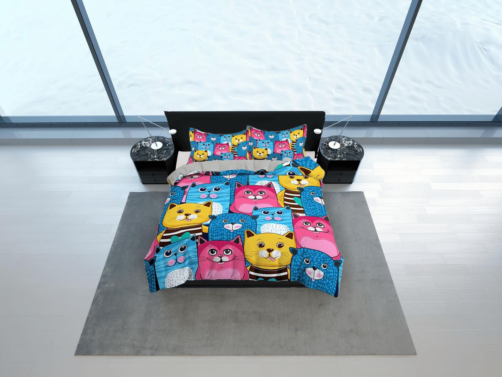 Blue, Pink and Yellow Cute Cats Kids Duvet Cover Set, Toddler Bedding, Kids Bedroom, Colorful Bedding, Duvet King Queen Fu…