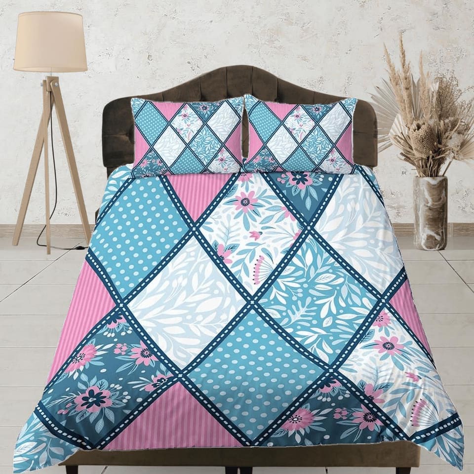 Blue pink patchwork quilt diamond printed duvet cover set, aesthetic room bedding set full, king, queen size, boho bedspre…