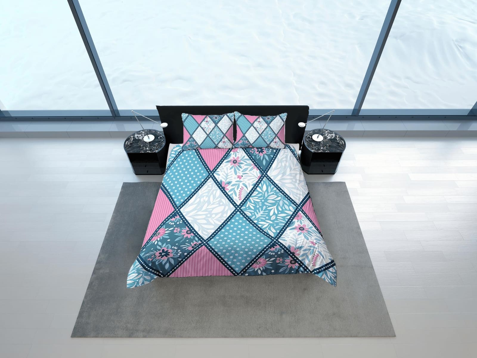 Blue pink patchwork quilt diamond printed duvet cover set, aesthetic room bedding set full, king, queen size, boho bedspre…