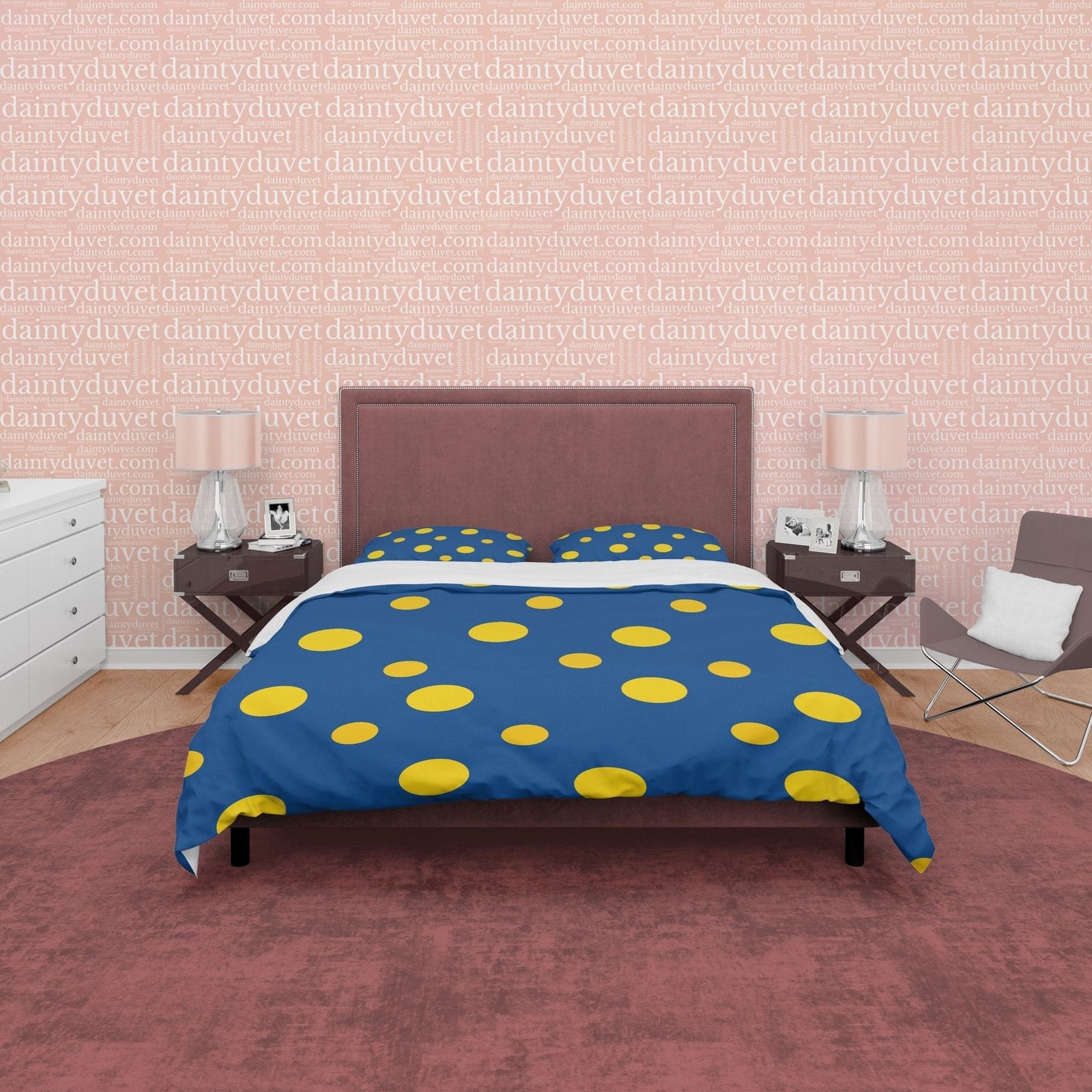 Blue Polka Dot Duvet Cover Geometric Bedding, Mid Century Modern Bedroom Set, Yellow Dotted Quilt Cover, Simple Unique Col…