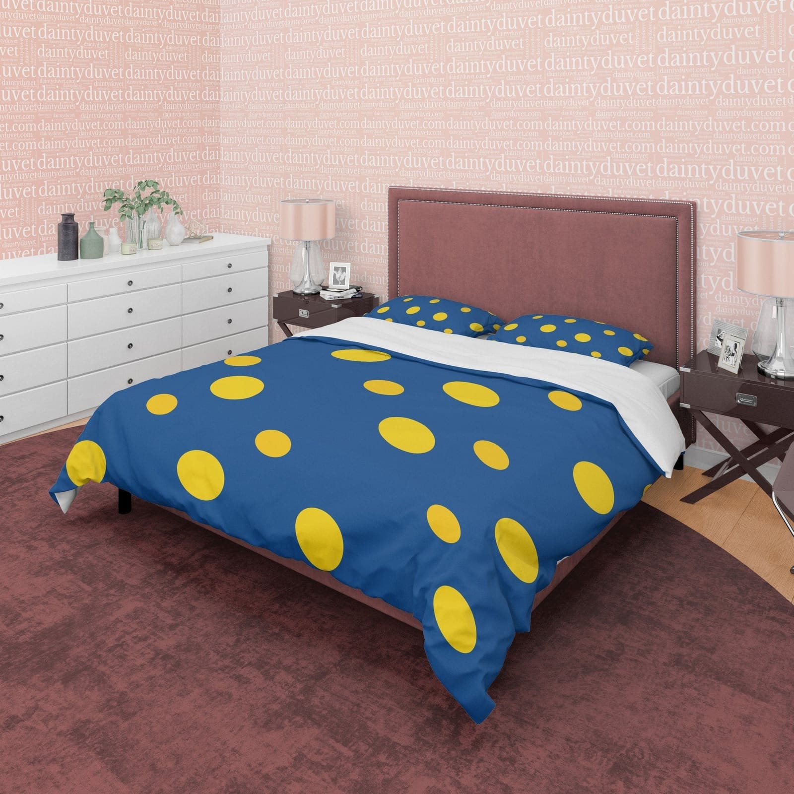 Blue Polka Dot Duvet Cover Geometric Bedding, Mid Century Modern Bedroom Set, Yellow Dotted Quilt Cover, Simple Unique Col…