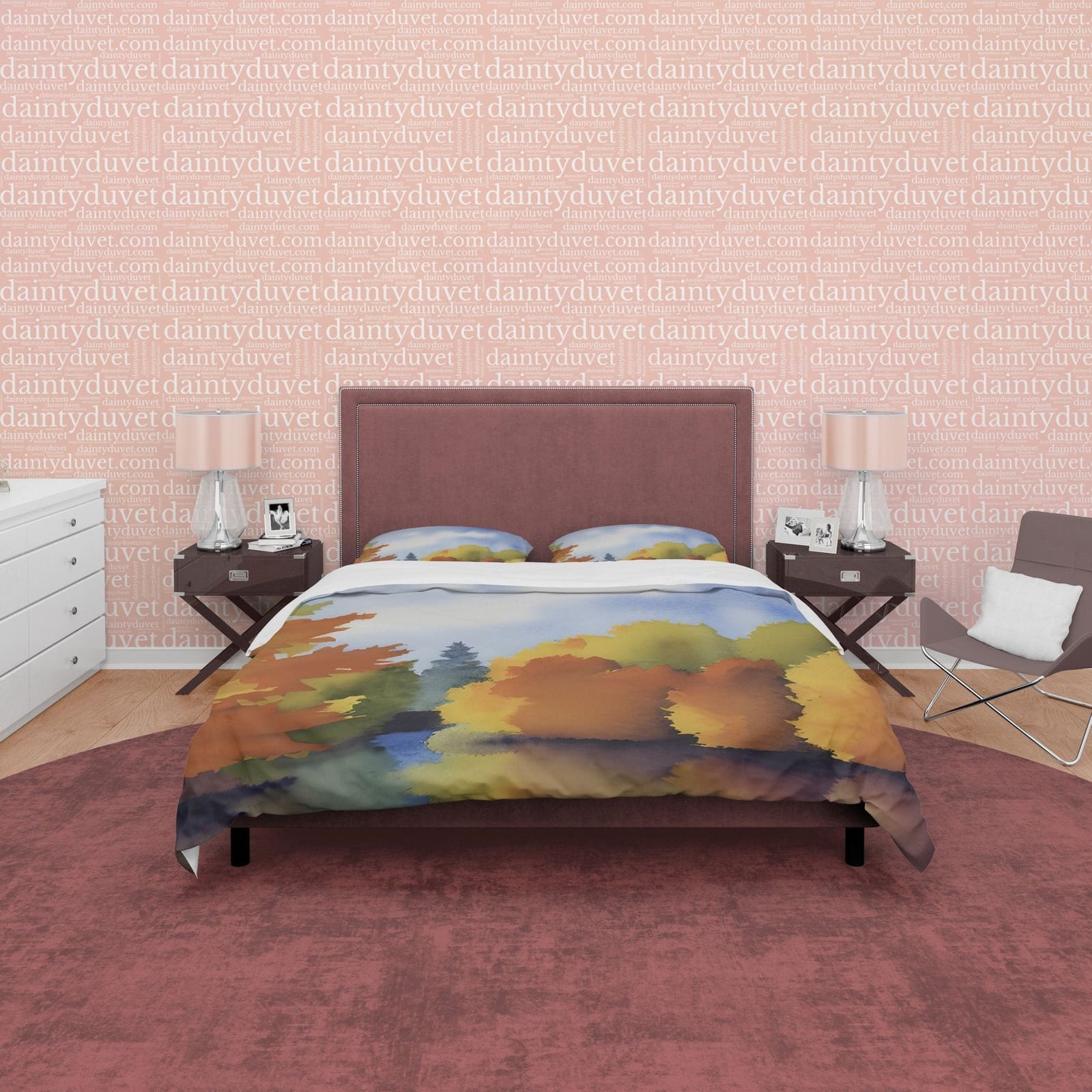 Blue Sky Fall Trees Reflection Duvet Cover Autumn Bedding Set, Warm Autumn Colors Printed Quilt Cover, Foliage Bedspread —…