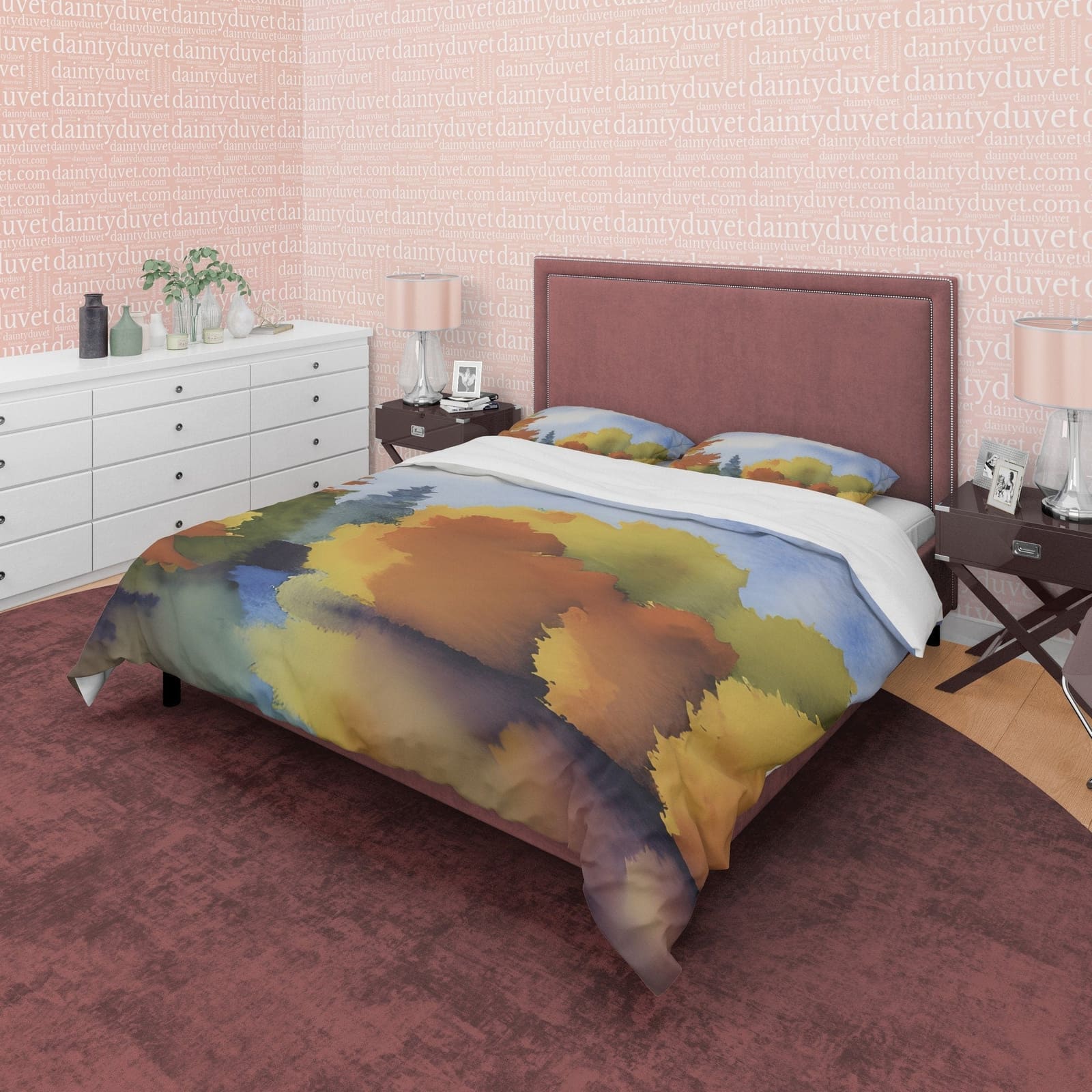 Blue Sky Fall Trees Reflection Duvet Cover Autumn Bedding Set, Warm Autumn Colors Printed Quilt Cover, Foliage Bedspread —…
