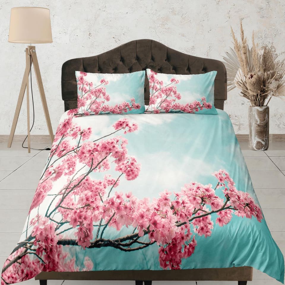 Blue sky pink cherry blossom bedding floral prints duvet cover queen, king, boho bedding designer maximalist full size bed…