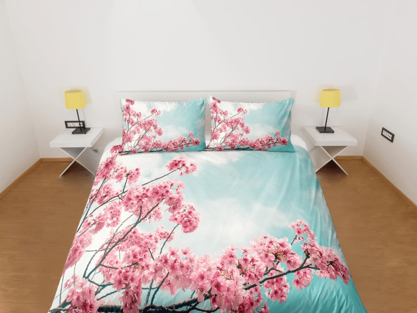 Blue sky pink cherry blossom bedding floral prints duvet cover queen, king, boho bedding designer maximalist full size bed…