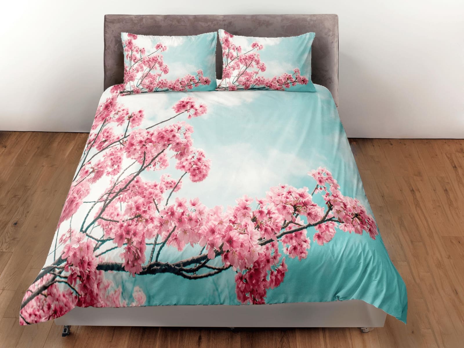 Blue sky pink cherry blossom bedding floral prints duvet cover queen, king, boho bedding designer maximalist full size bed…