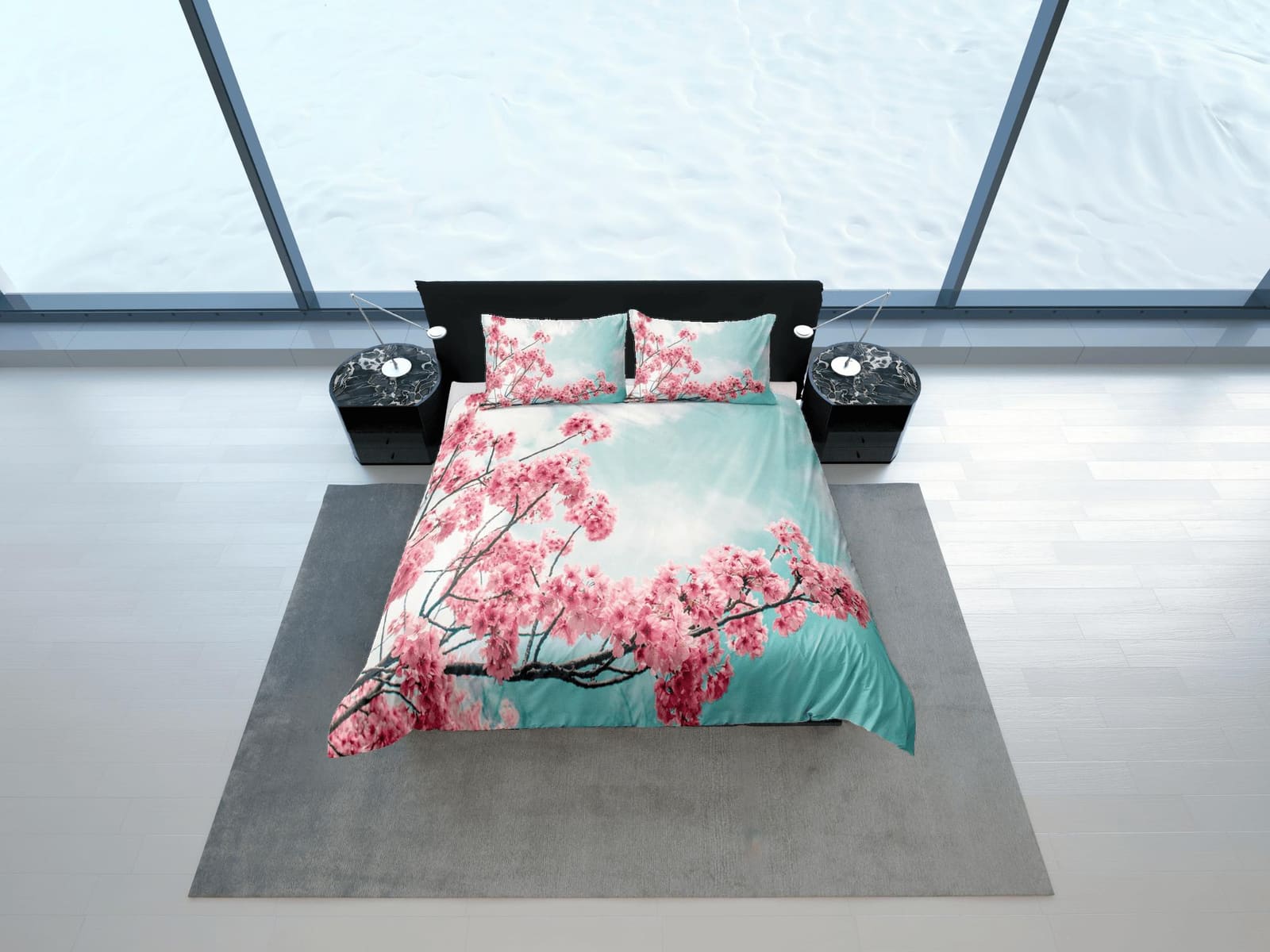 Blue sky pink cherry blossom bedding floral prints duvet cover queen, king, boho bedding designer maximalist full size bed…