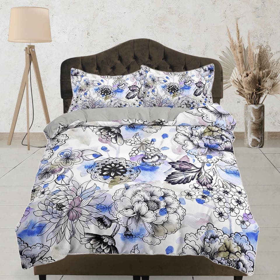 Blue tinted floral bedding, luxury duvet cover queen, king, boho duvet, designer bedding, aesthetic bedding, maximalist fu…