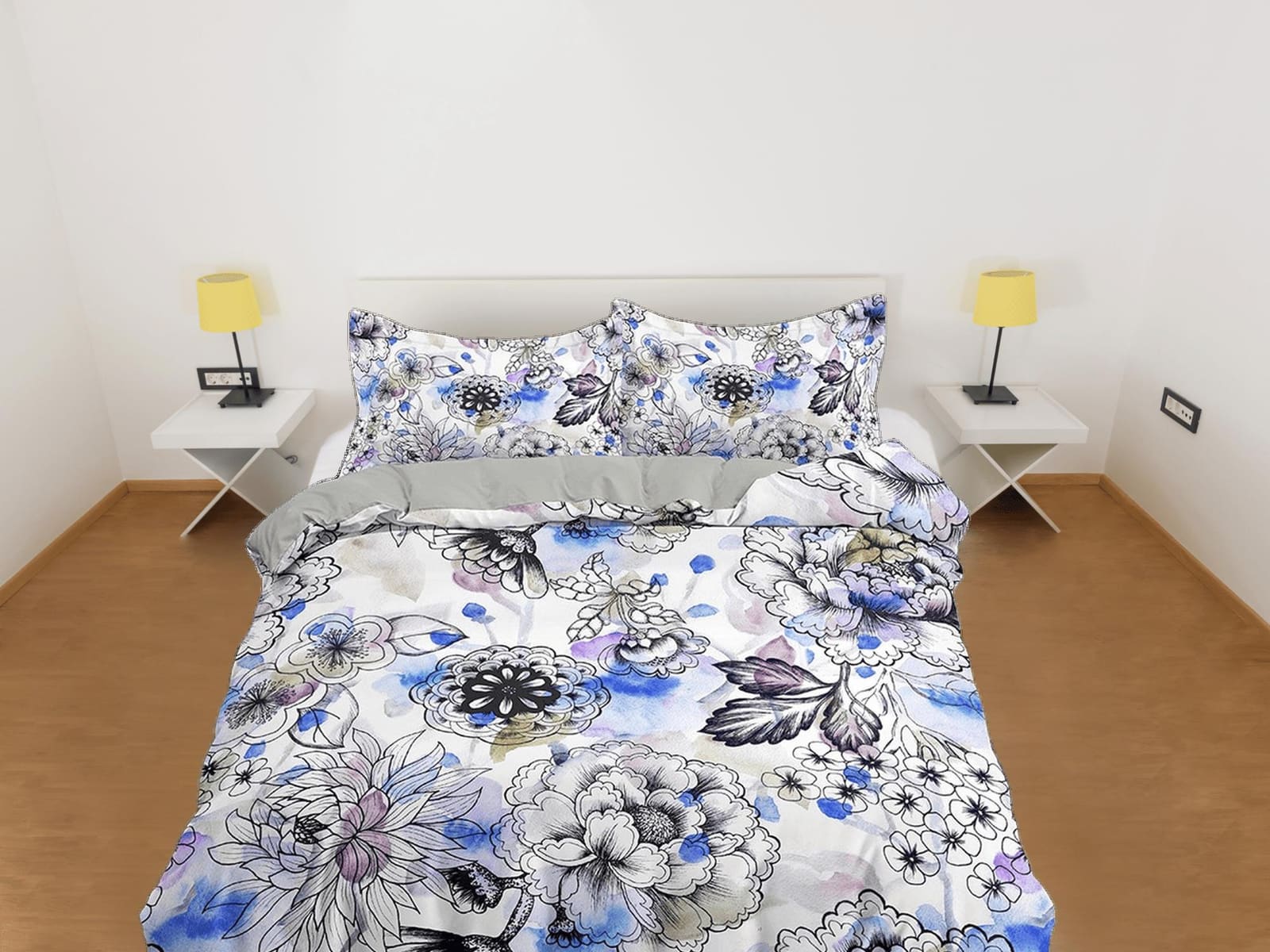 Blue tinted floral bedding, luxury duvet cover queen, king, boho duvet, designer bedding, aesthetic bedding, maximalist fu…